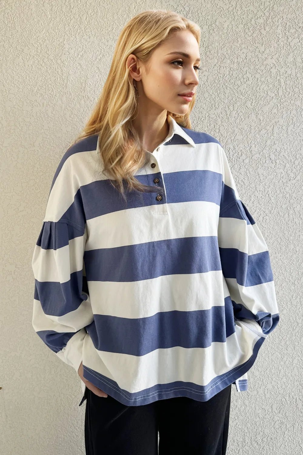 Oh Pima Cotton Wash Wide Striped Collared Neck Long Sleeve Top - MAD RUFFI