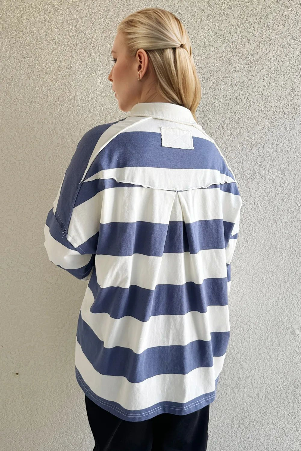 Oh Pima Cotton Wash Wide Striped Collared Neck Long Sleeve Top - MAD RUFFI