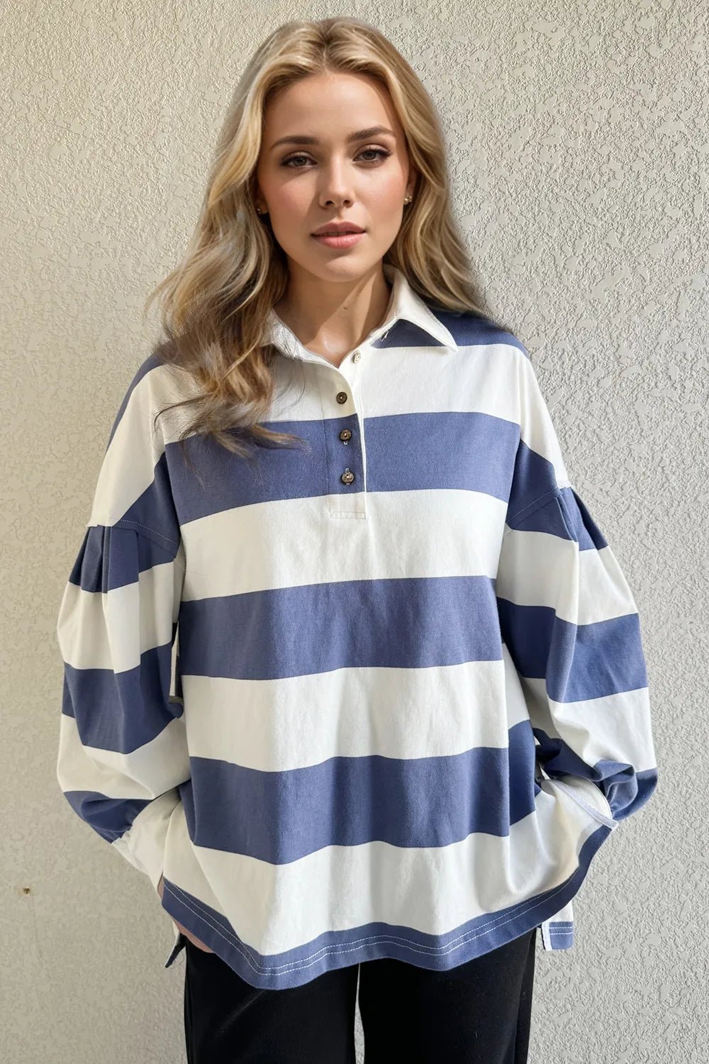 Oh Pima Cotton Wash Wide Striped Collared Neck Long Sleeve Top - MAD RUFFI
