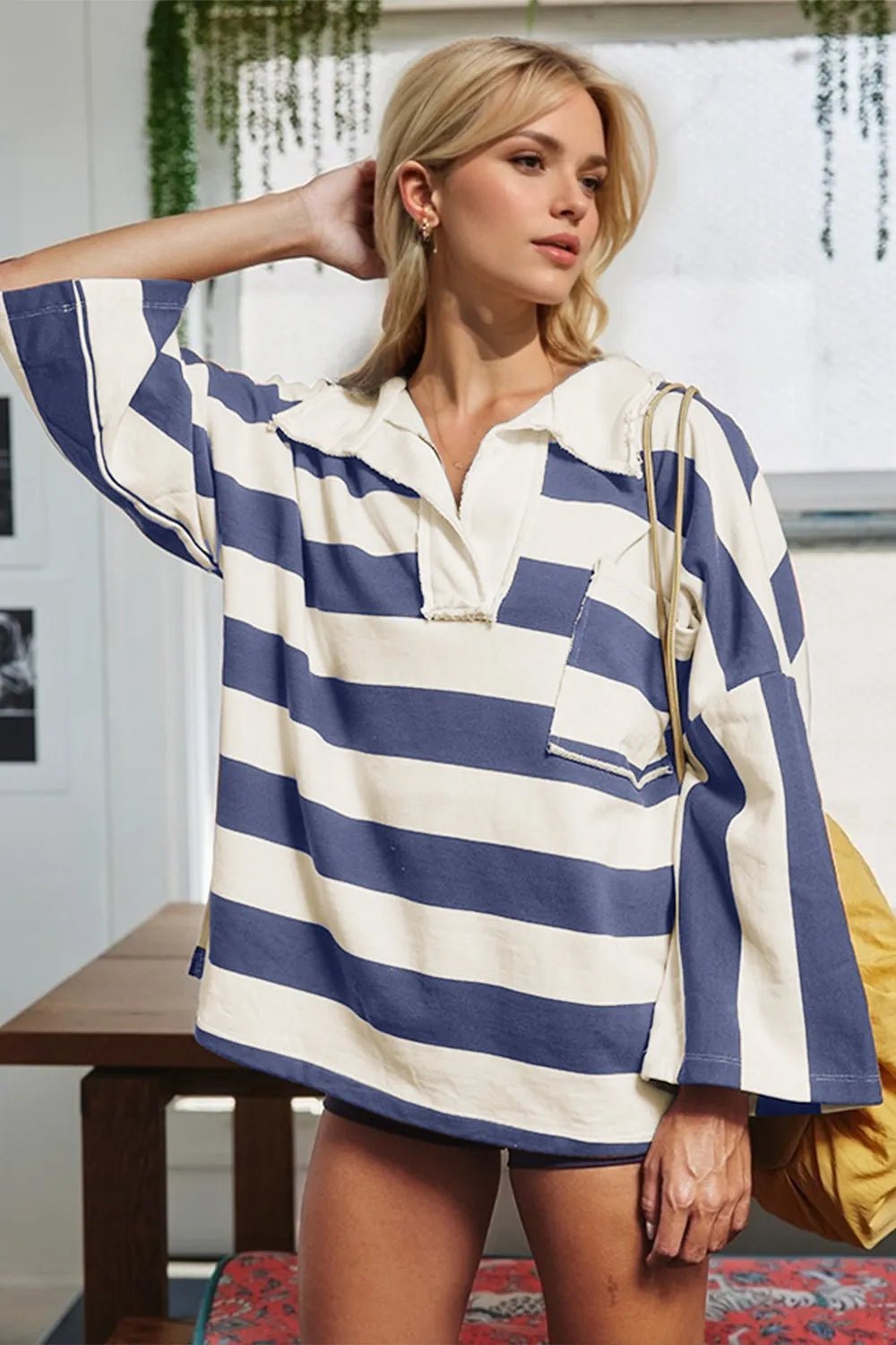 Oh Striped Johnny Collar Long Sleeve T-Shirt - MAD RUFFI