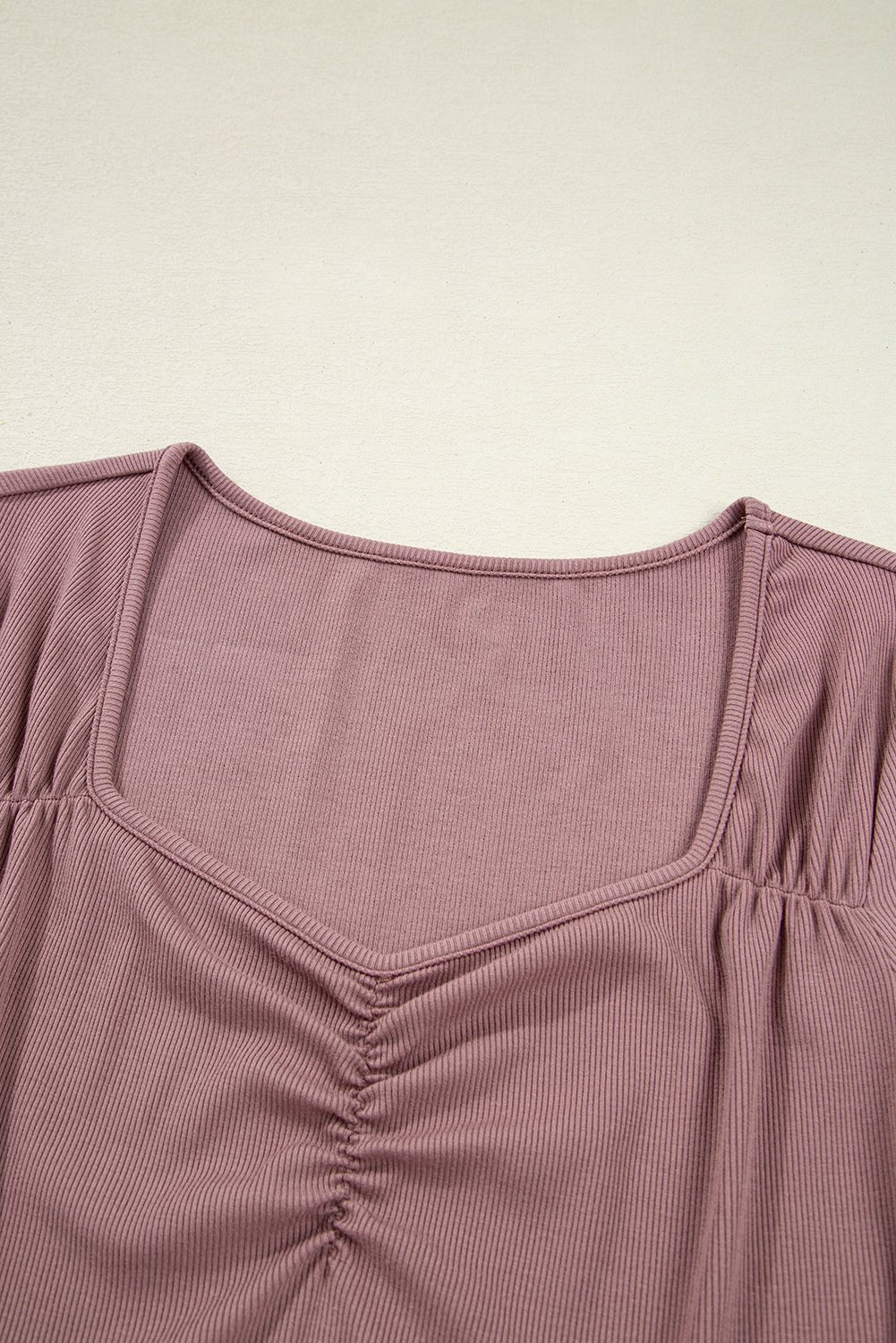 Old Rose Ruched Sweetheart Neck Ribbed Long Sleeve Top - MAD RUFFI