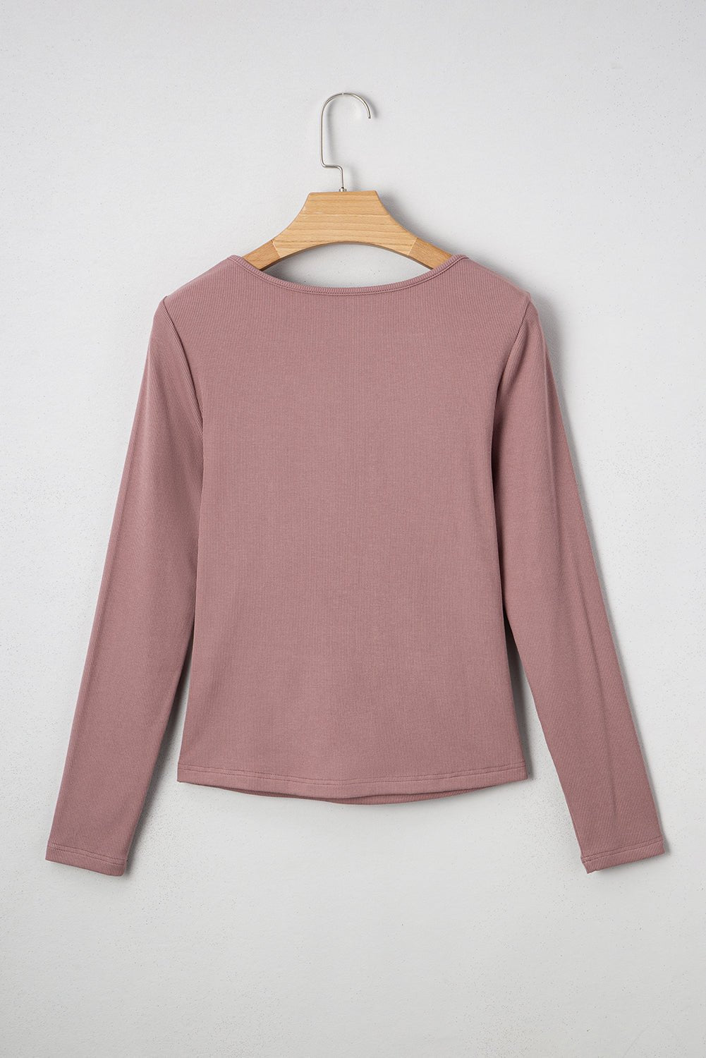 Old Rose Ruched Sweetheart Neck Ribbed Long Sleeve Top - MAD RUFFI