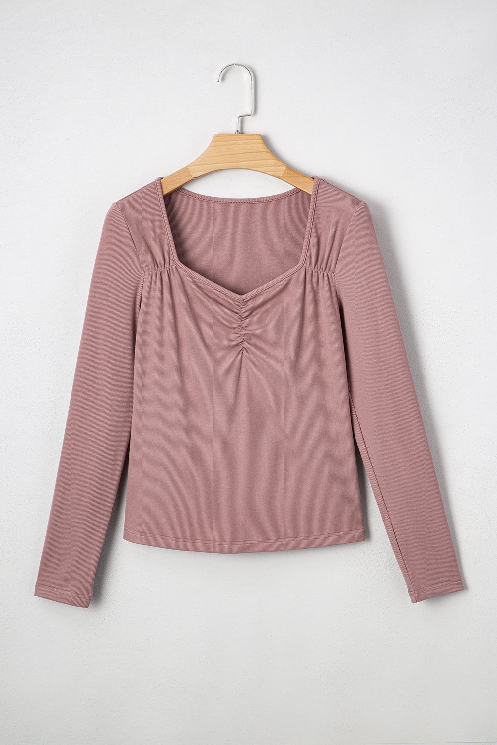Old Rose Ruched Sweetheart Neck Ribbed Long Sleeve Top - MAD RUFFI