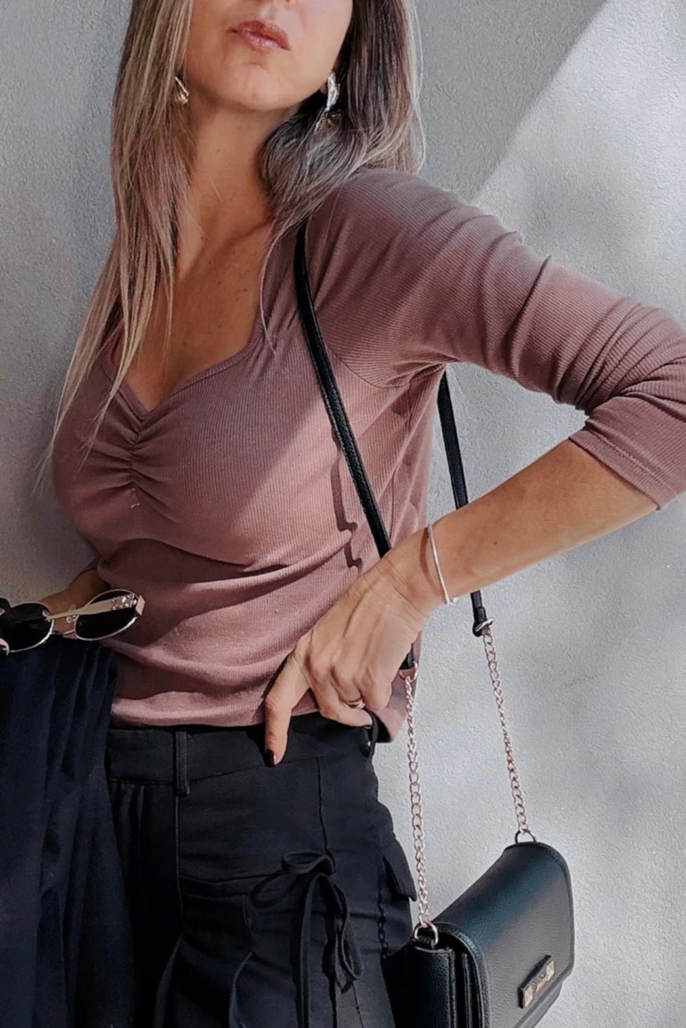 Old Rose Ruched Sweetheart Neck Ribbed Long Sleeve Top - MAD RUFFI