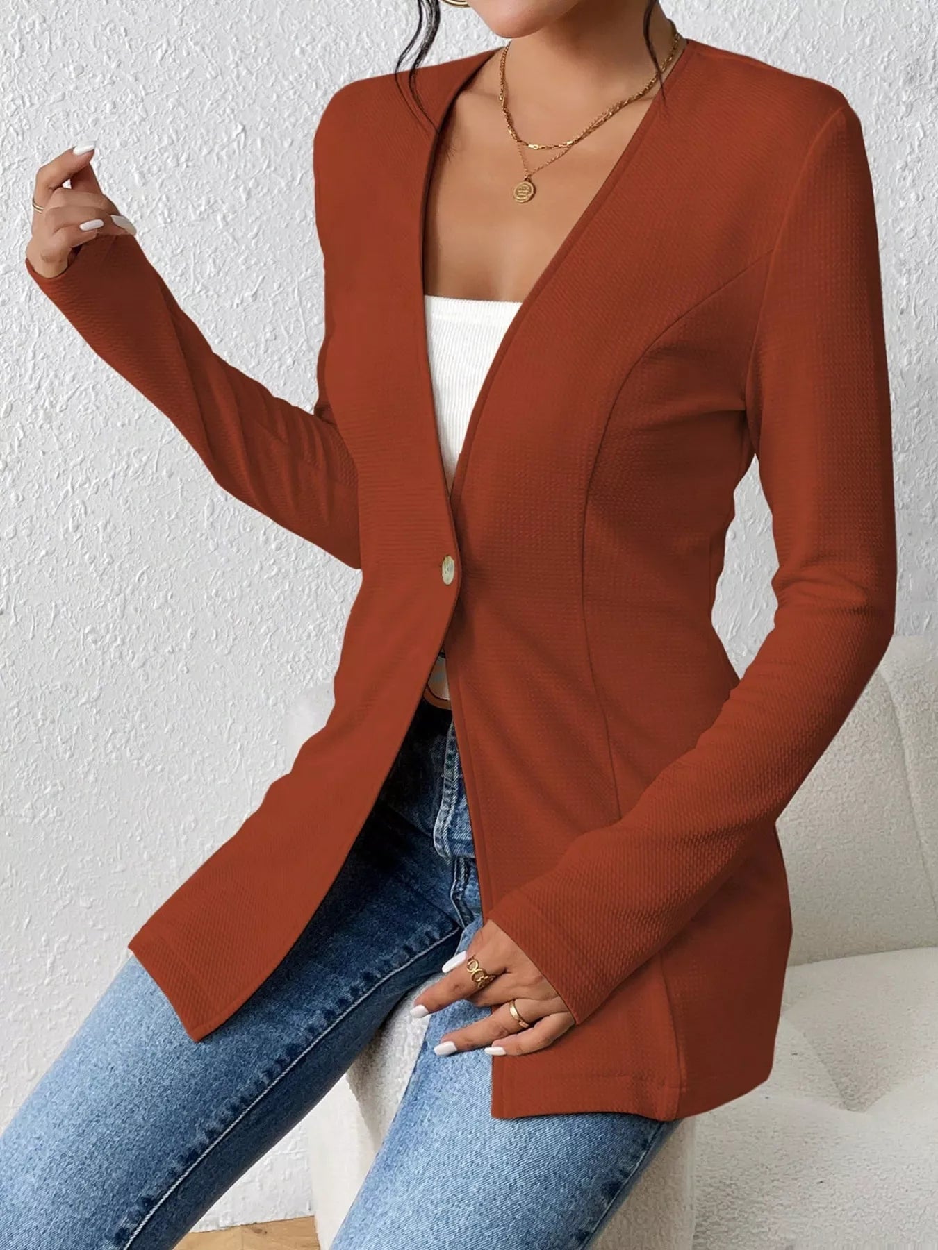 One Button Long Sleeve Blazer - MAD RUFFI