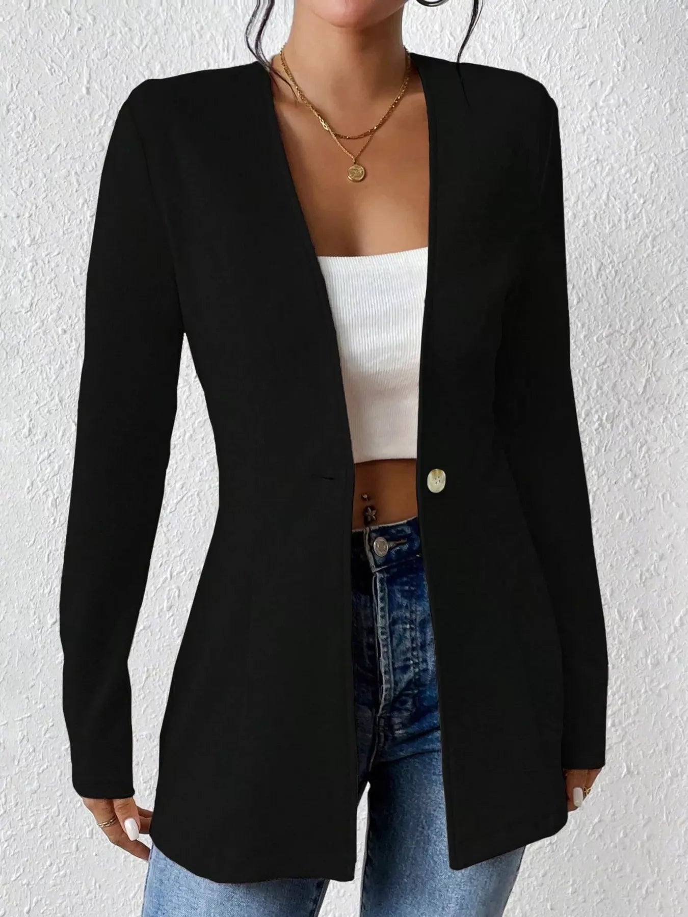 One Button Long Sleeve Blazer - MAD RUFFI