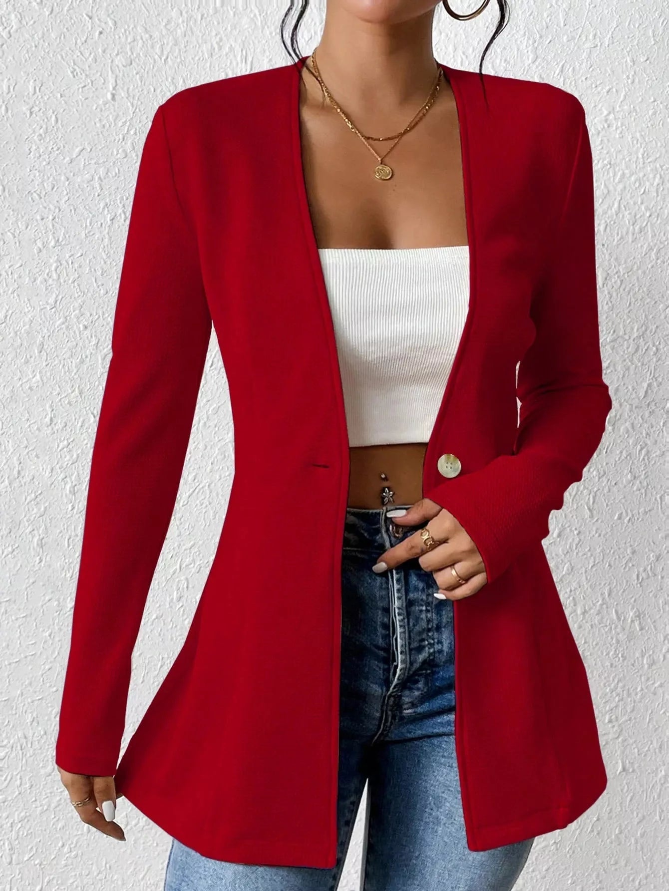 One Button Long Sleeve Blazer - MAD RUFFI