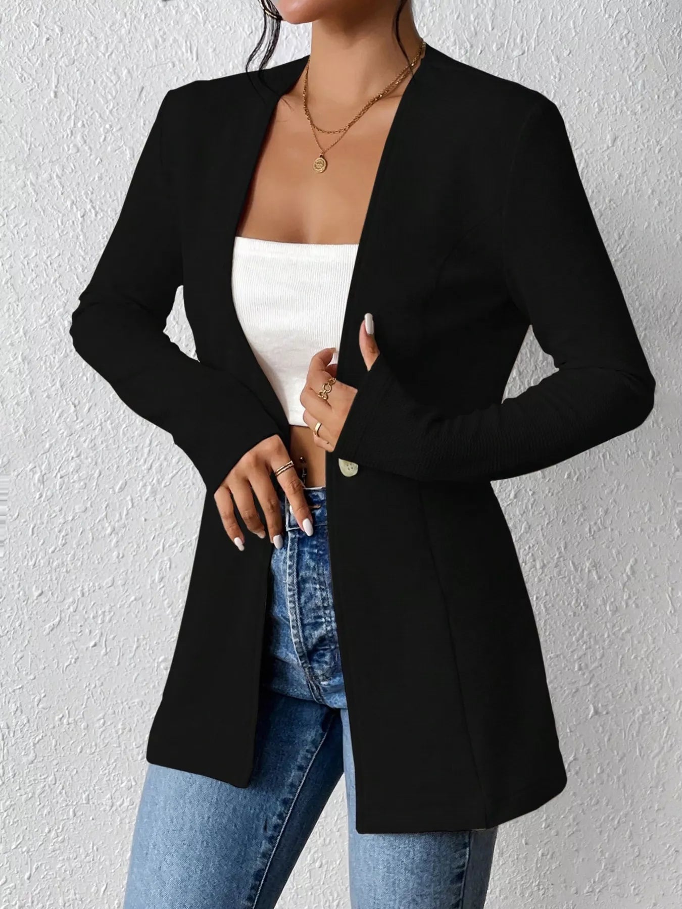 One Button Long Sleeve Blazer - MAD RUFFI
