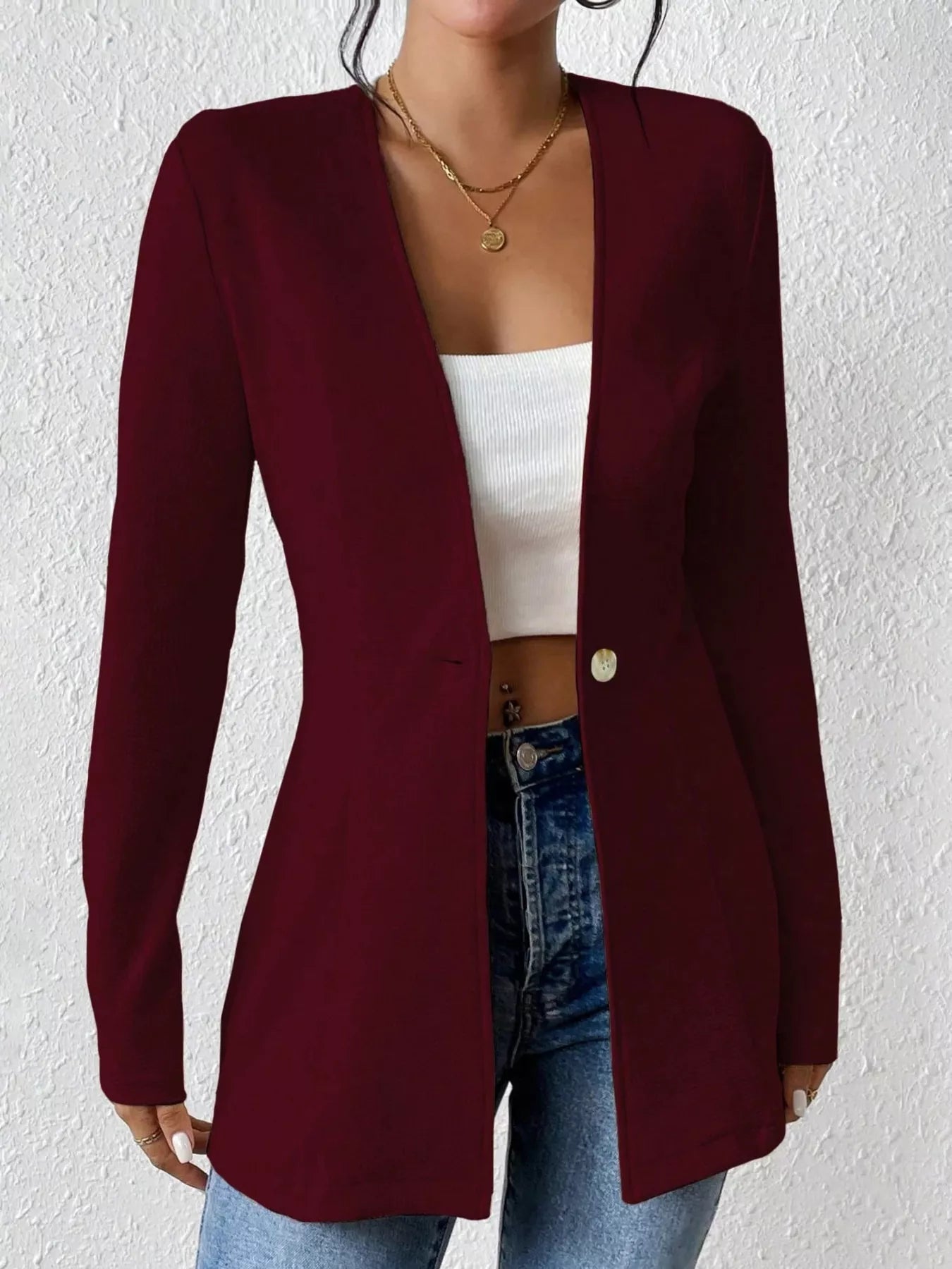 One Button Long Sleeve Blazer - MAD RUFFI