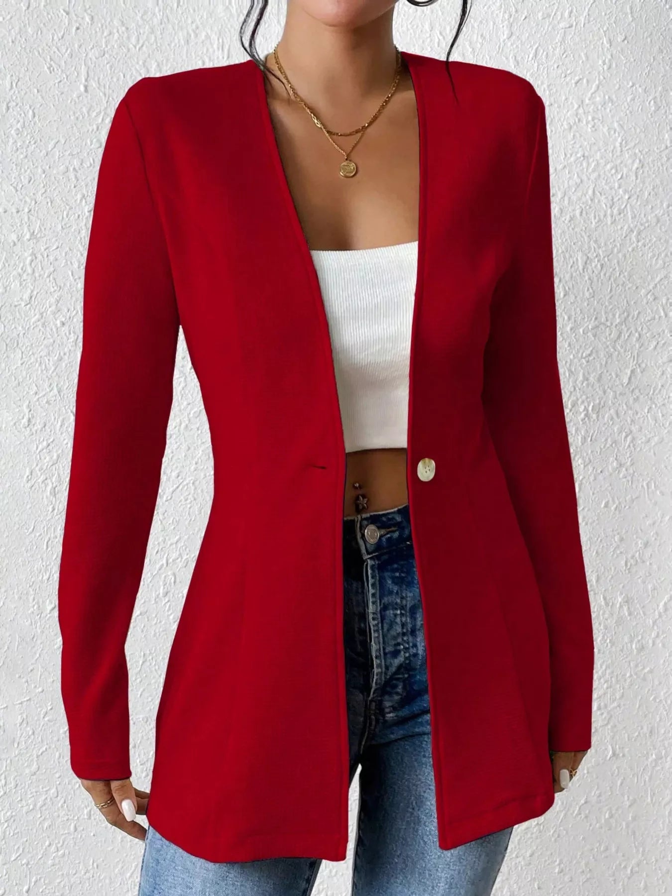 One Button Long Sleeve Blazer - MAD RUFFI
