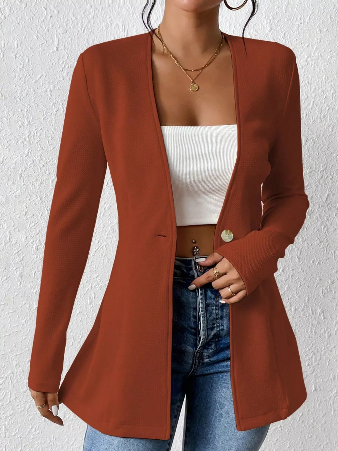 One Button Long Sleeve Blazer - MAD RUFFI