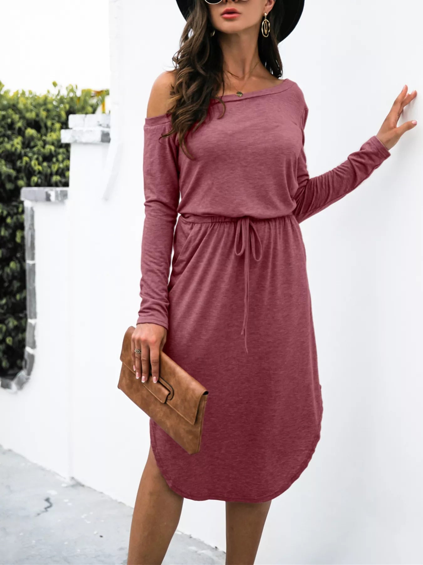 One - Shoulder Long Sleeve Midi Dress with Drawstring Waist - MAD RUFFI