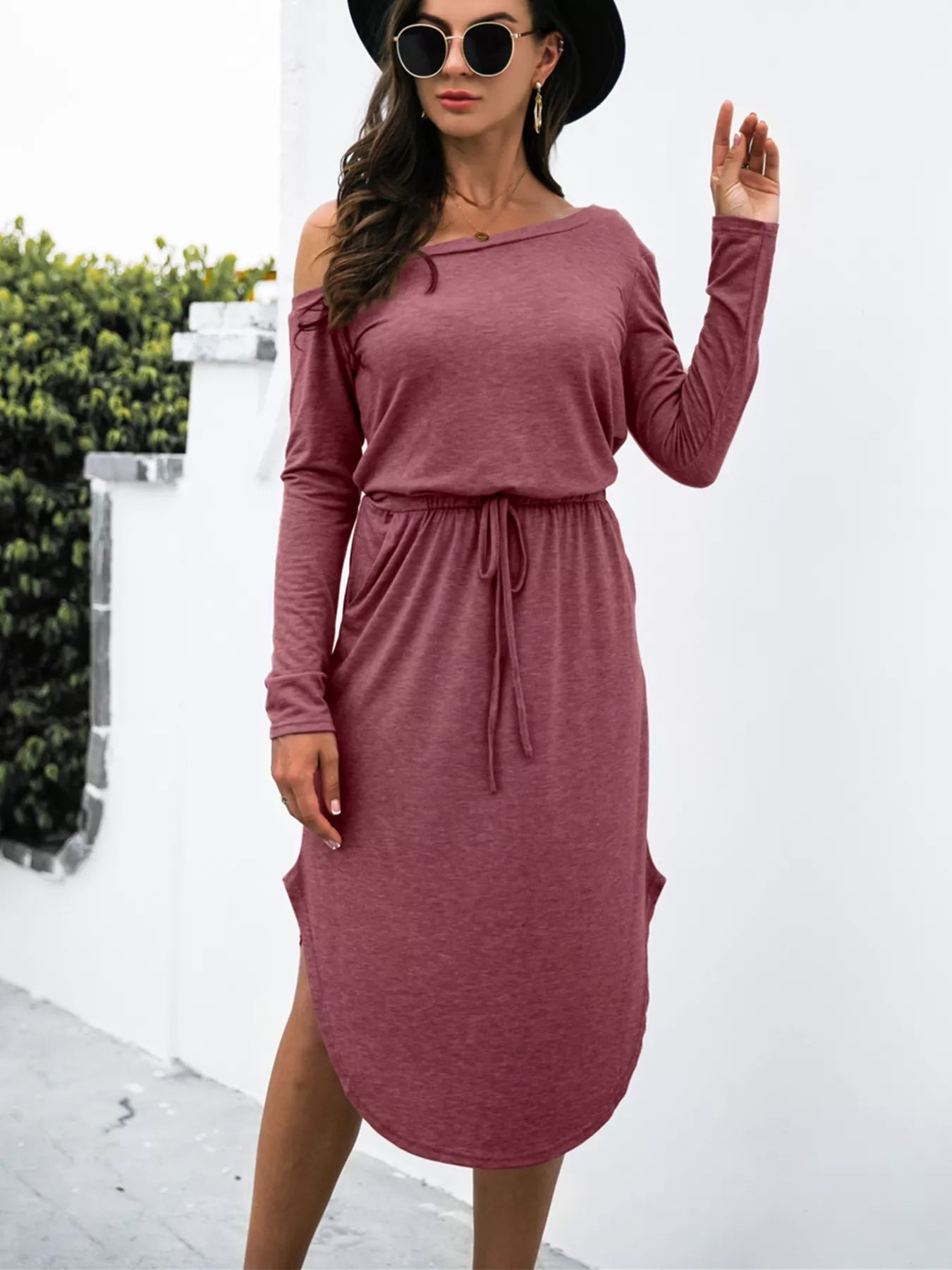 One - Shoulder Long Sleeve Midi Dress with Drawstring Waist - MAD RUFFI