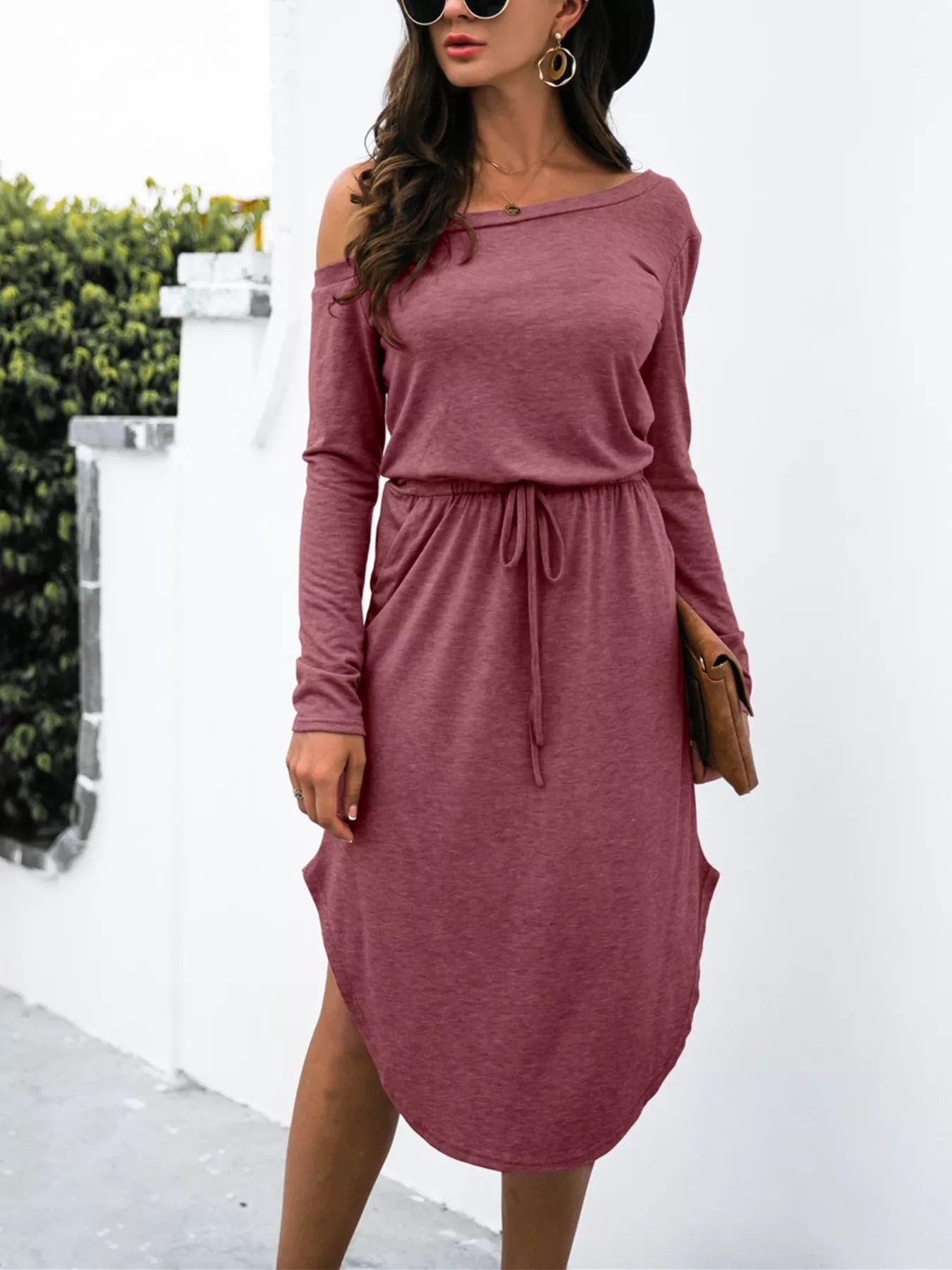 One - Shoulder Long Sleeve Midi Dress with Drawstring Waist - MAD RUFFI