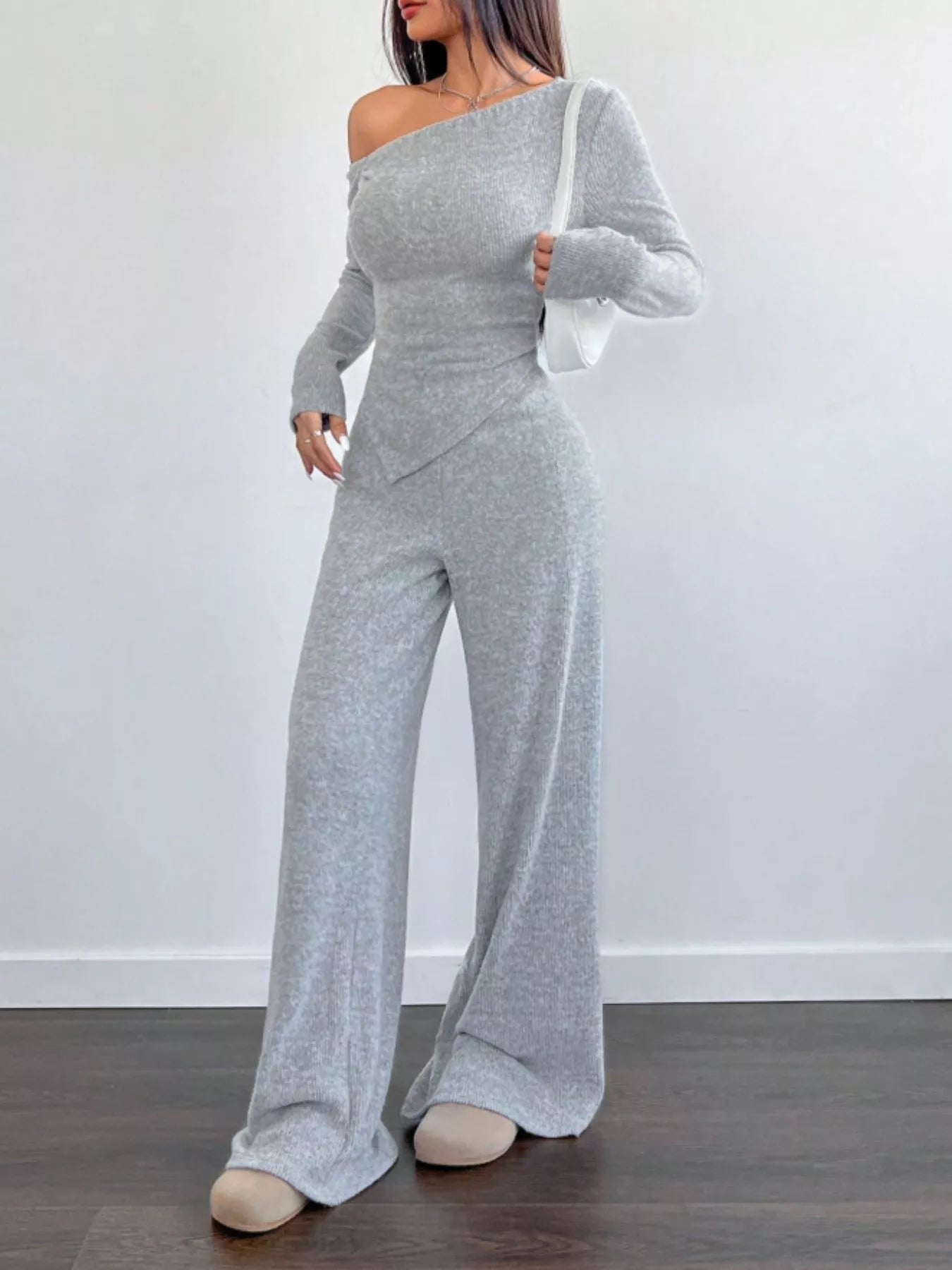 One - Shoulder Long Sleeve Top and Pants Set - MAD RUFFI