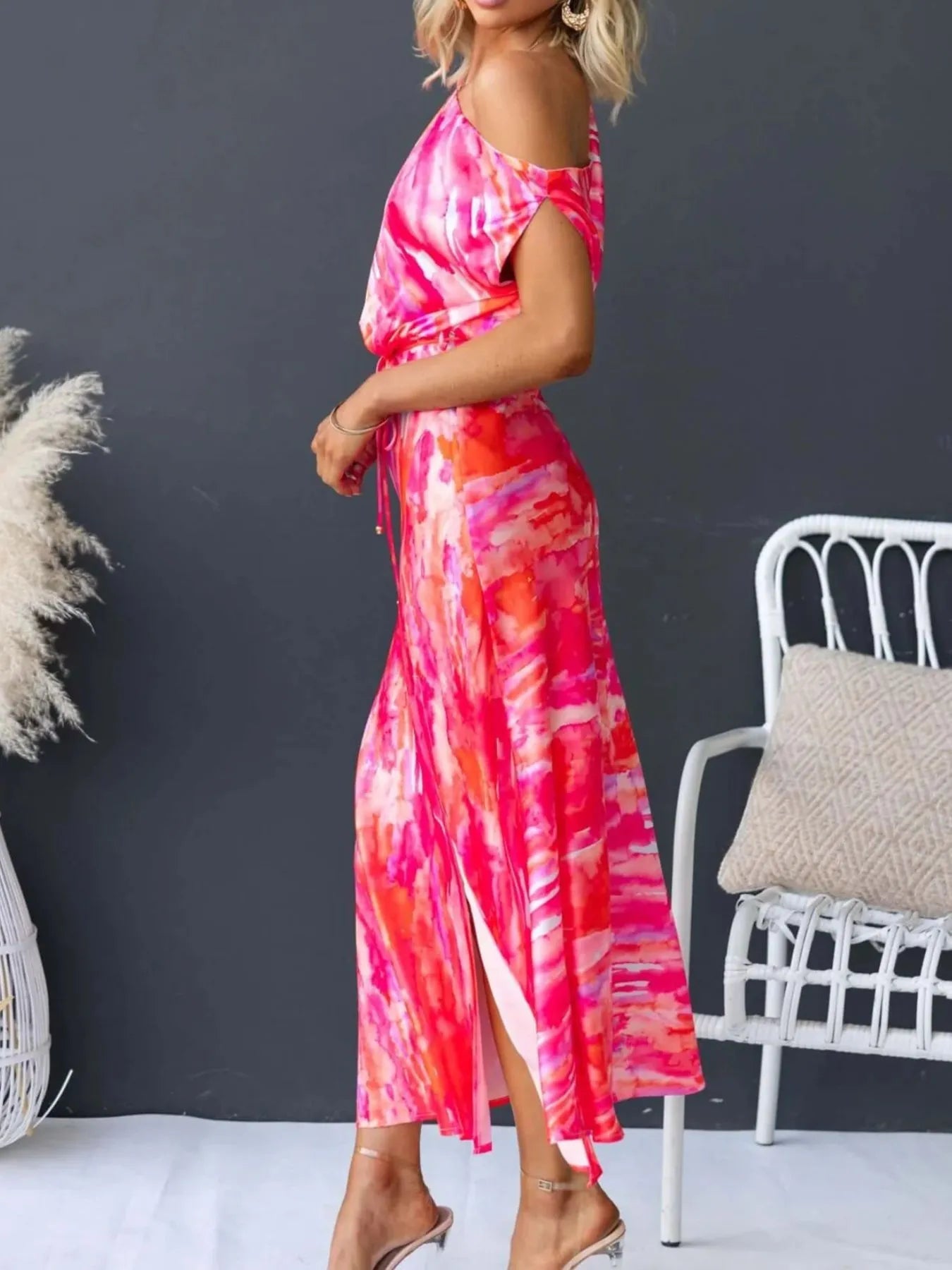 One Shoulder Printed Dress with Slit - MAD RUFFI