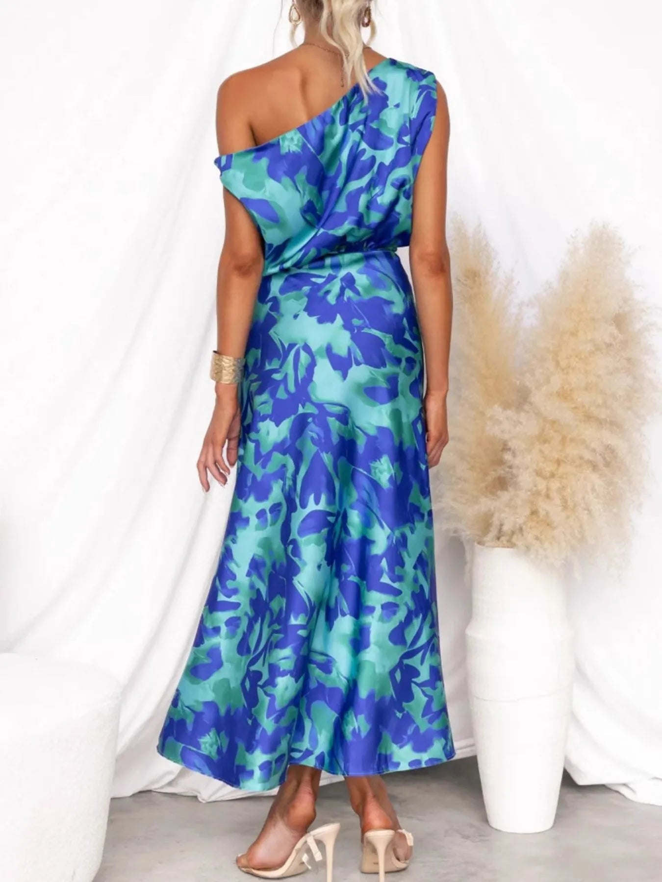 One Shoulder Printed Dress with Slit - MAD RUFFI