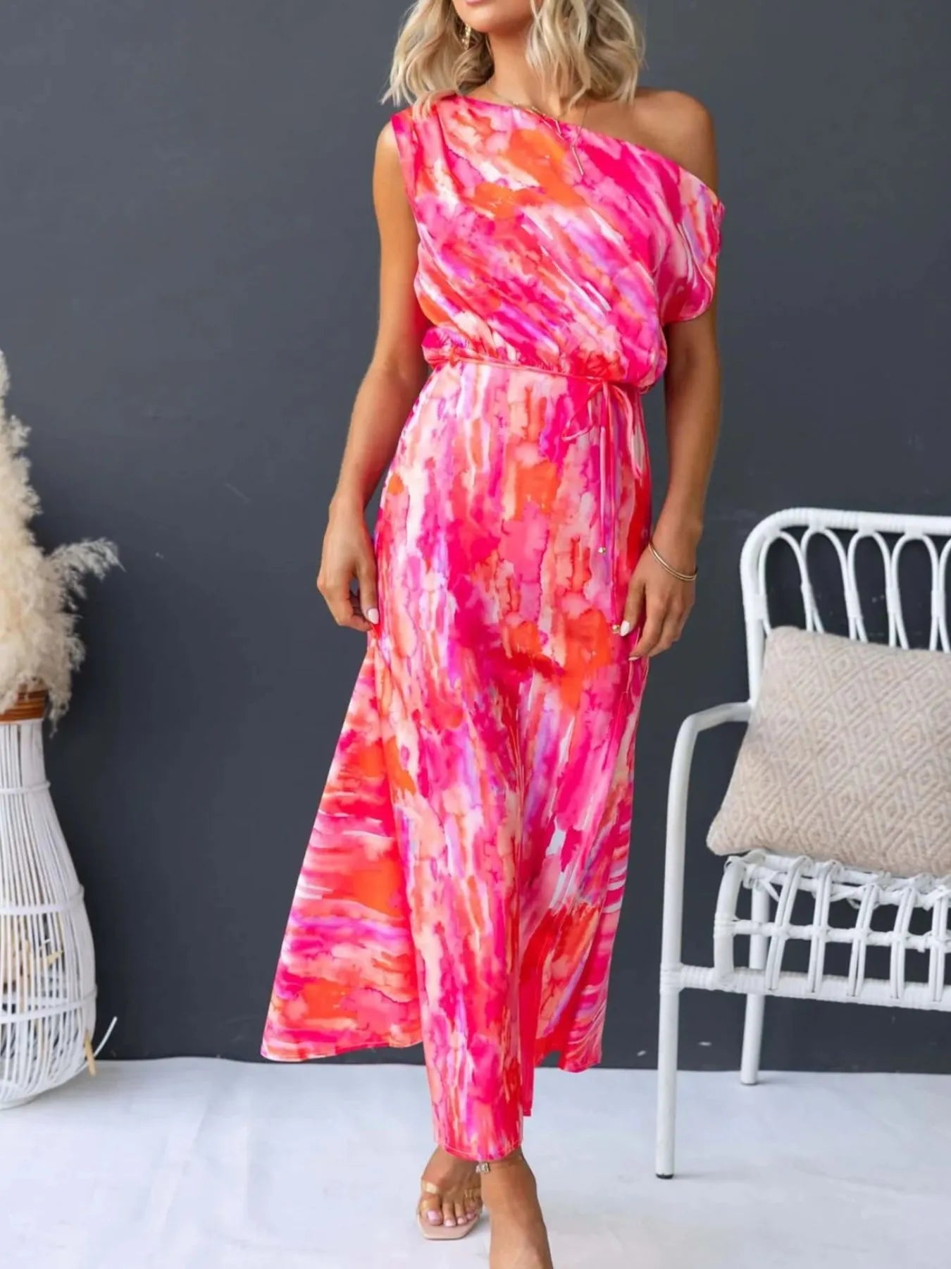 One Shoulder Printed Dress with Slit - MAD RUFFI