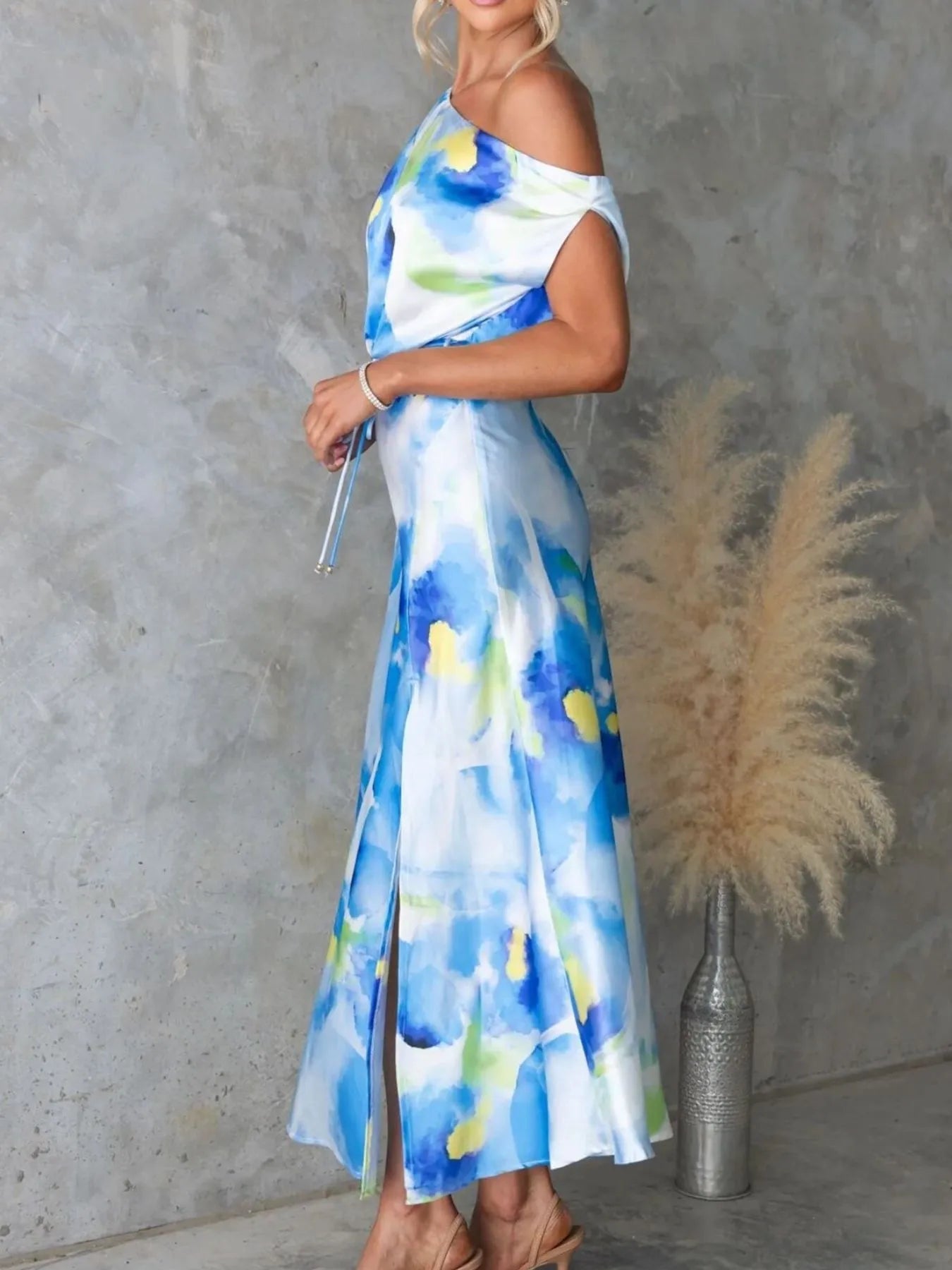 One Shoulder Printed Dress with Slit - MAD RUFFI
