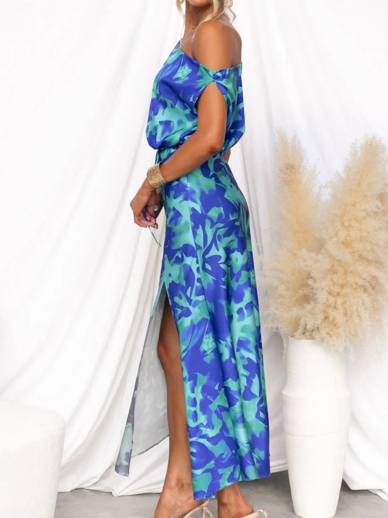 One Shoulder Printed Dress with Slit - MAD RUFFI