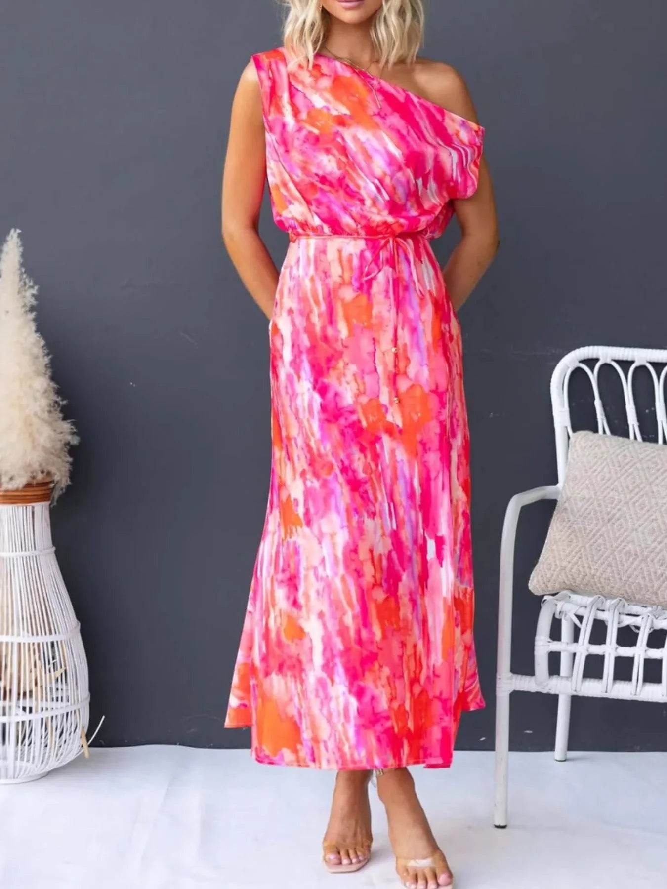 One Shoulder Printed Dress with Slit - MAD RUFFI