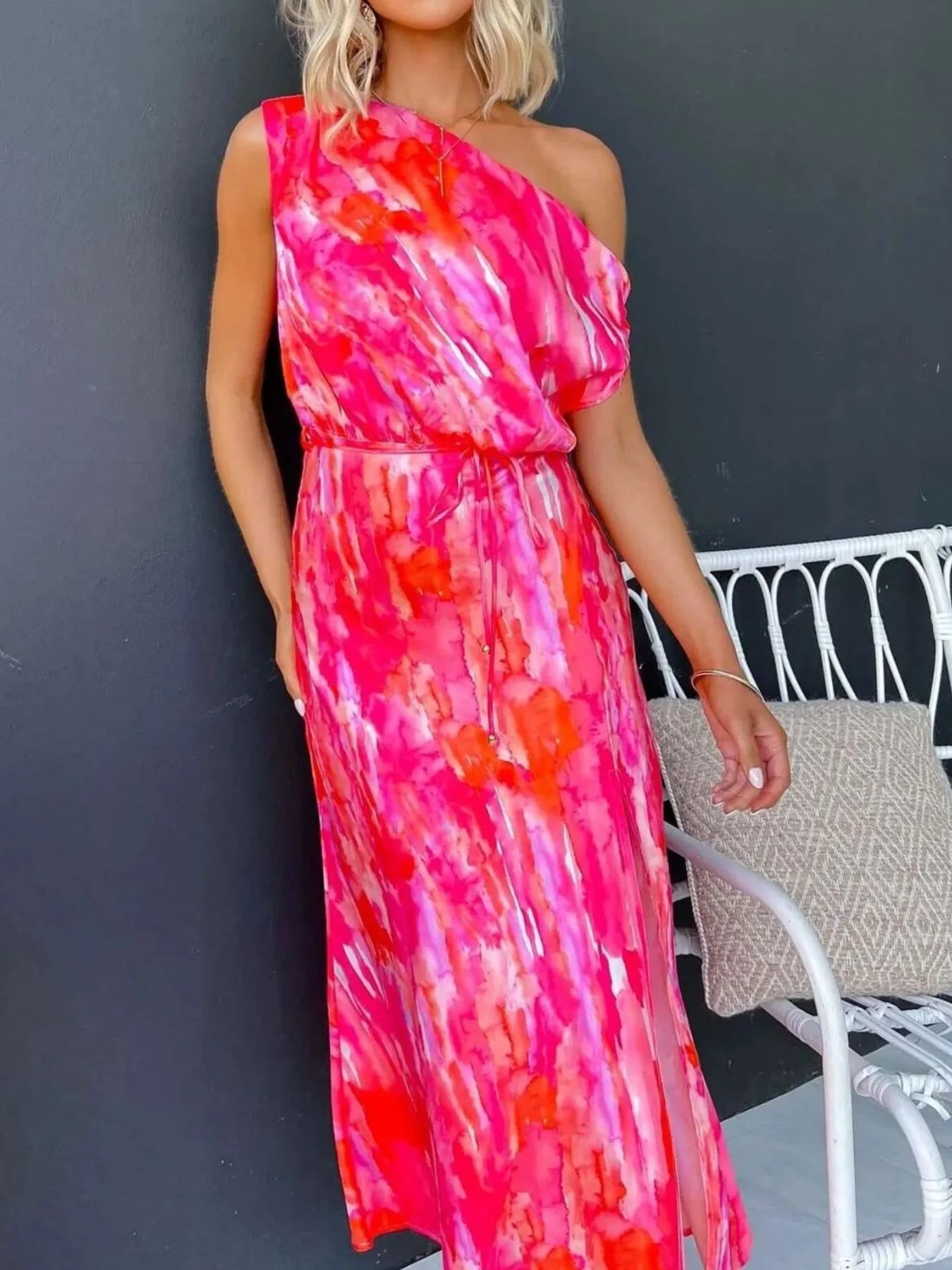 One Shoulder Printed Dress with Slit - MAD RUFFI