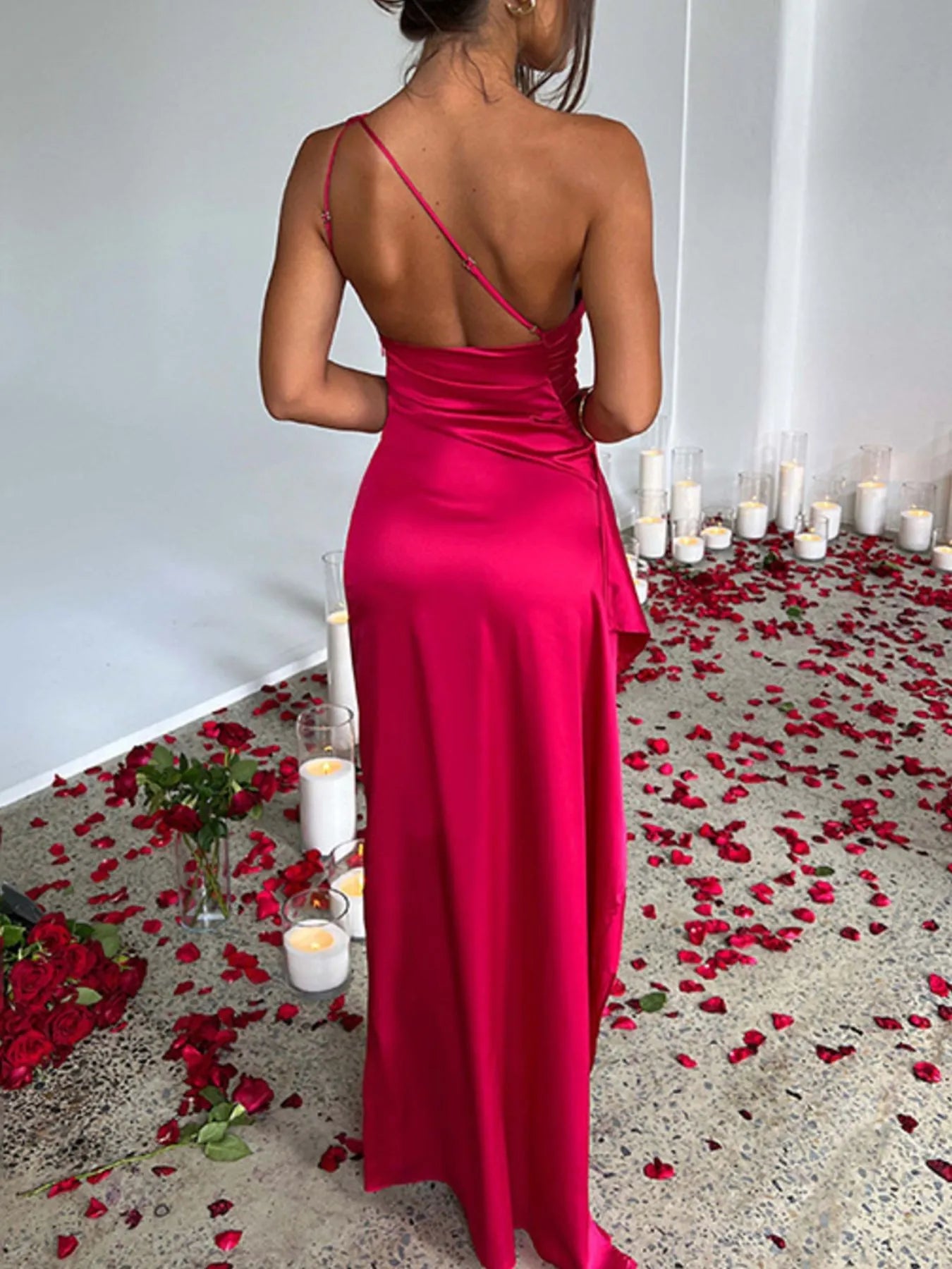One Shoulder Satin Dress with High Slit - MAD RUFFI
