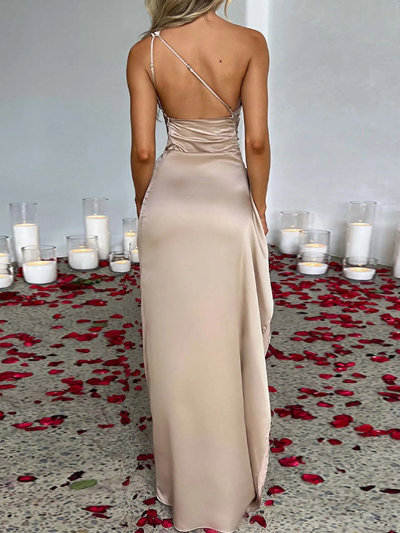 One Shoulder Satin Dress with High Slit - MAD RUFFI