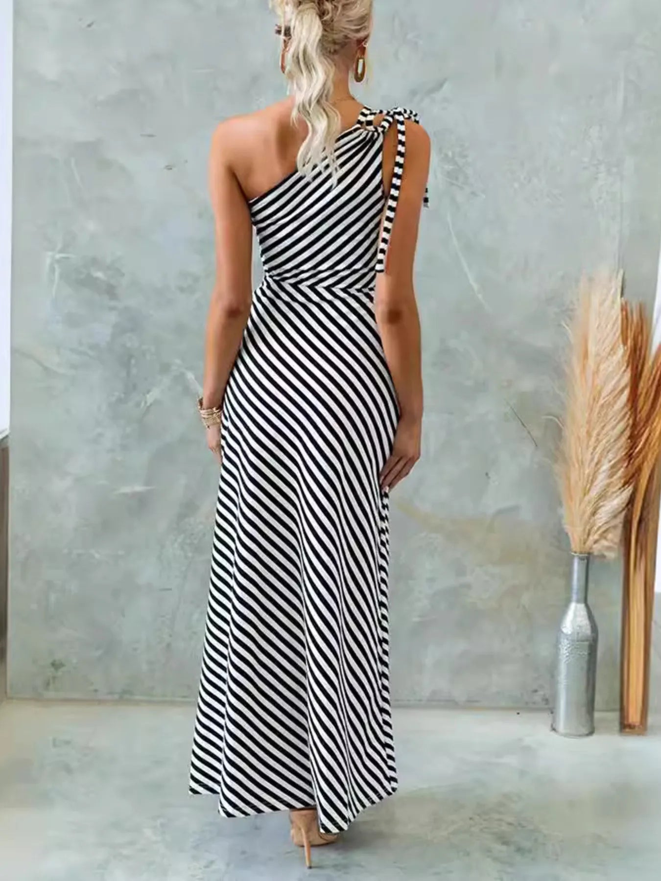 One Shoulder Striped Maxi Dress - MAD RUFFI