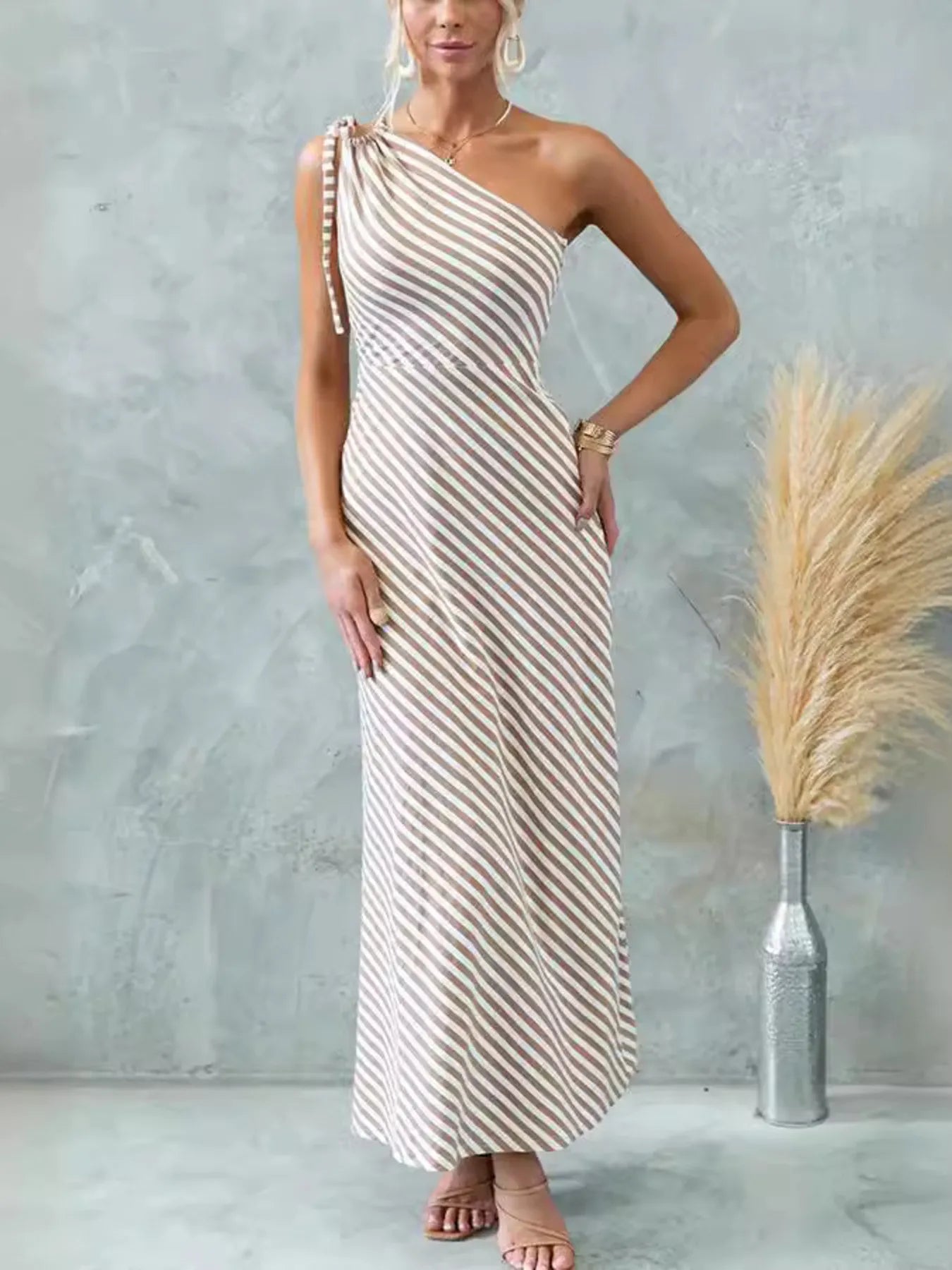 One Shoulder Striped Maxi Dress - MAD RUFFI