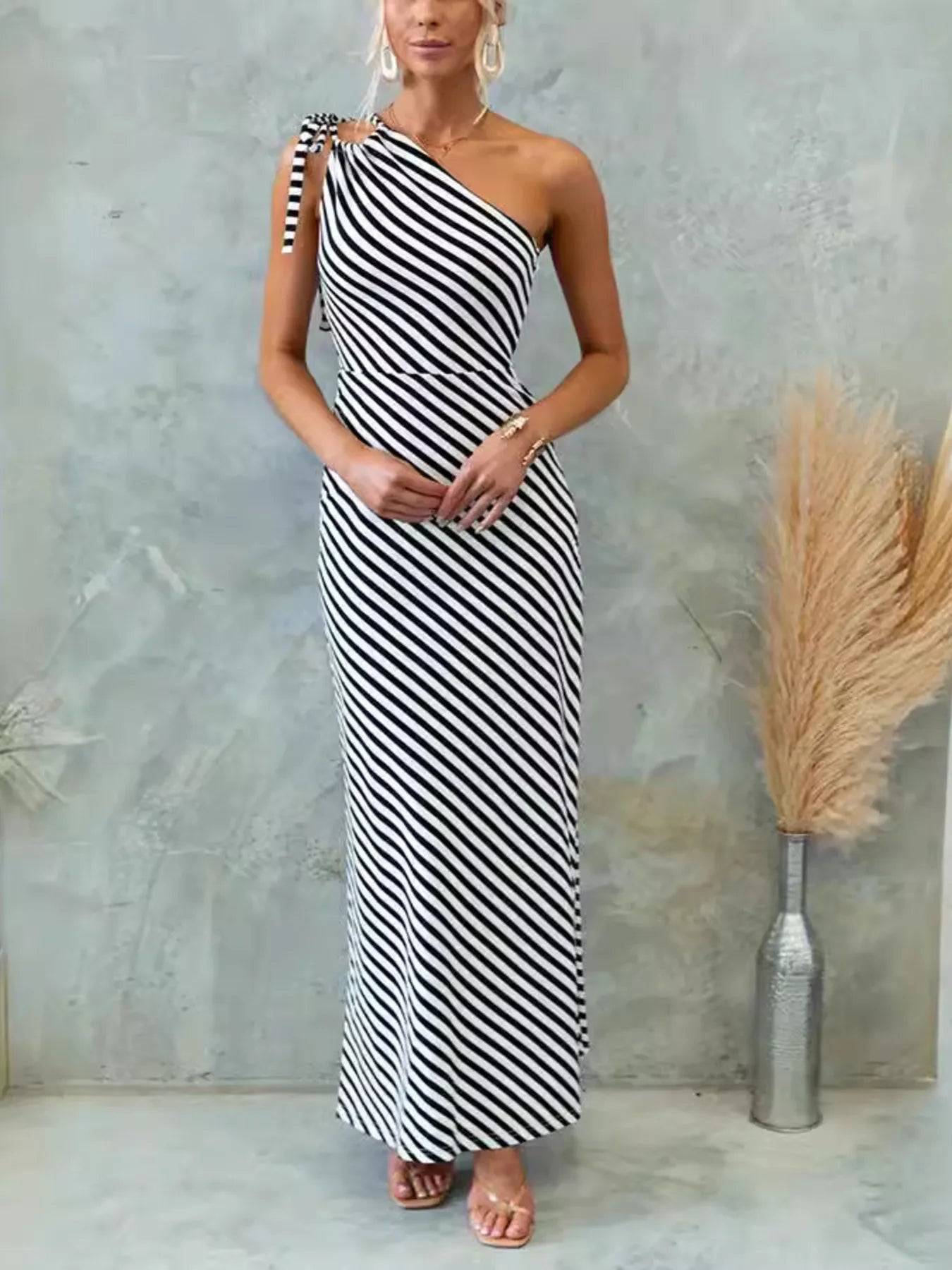 One Shoulder Striped Maxi Dress - MAD RUFFI