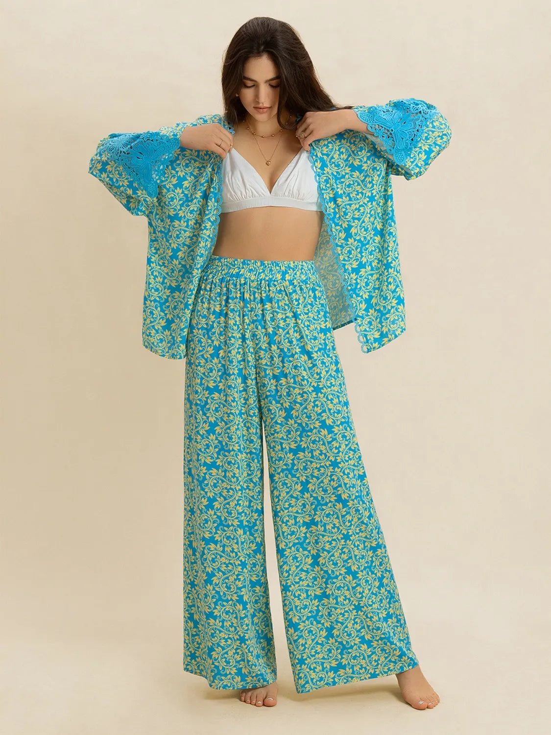 Open Front Printed Top and Pants Set - MAD RUFFI