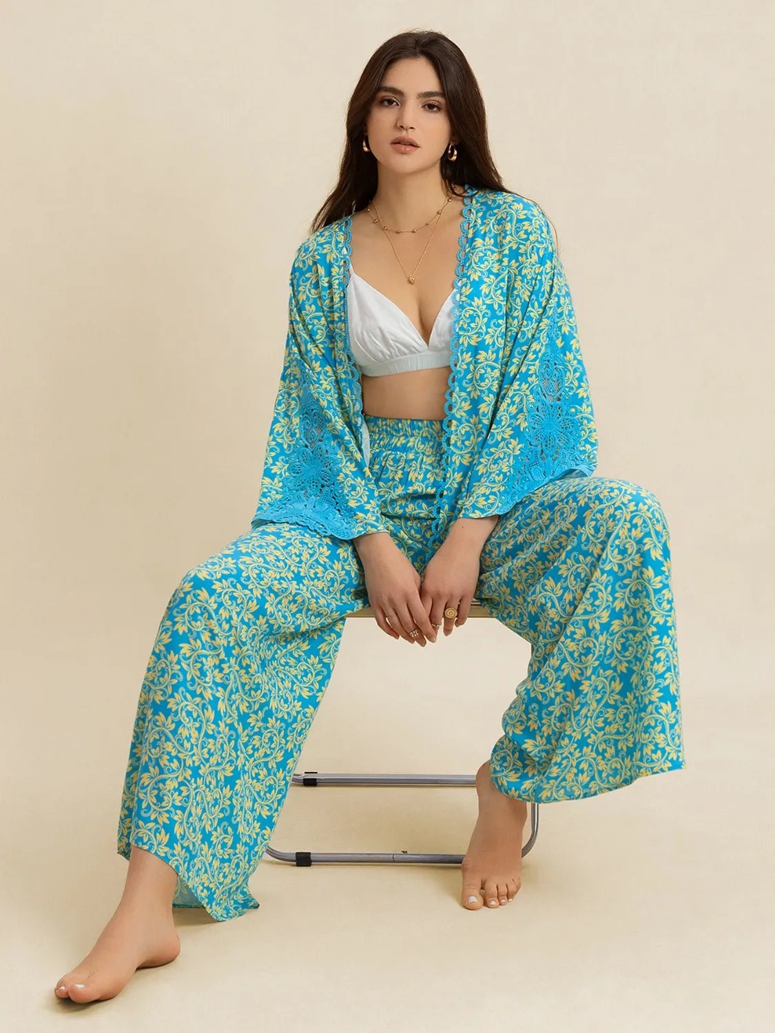 Open Front Printed Top and Pants Set - MAD RUFFI