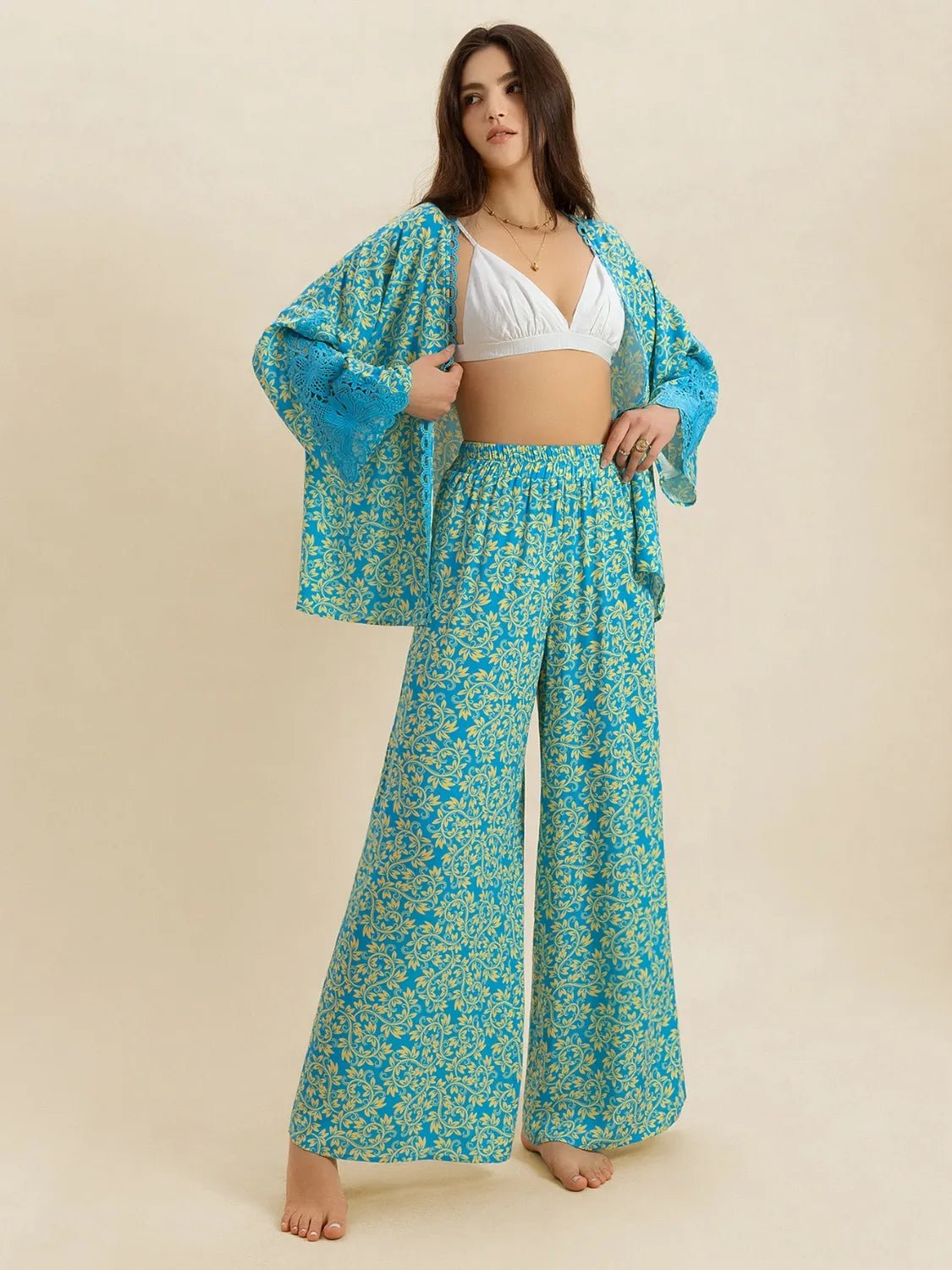 Open Front Printed Top and Pants Set - MAD RUFFI