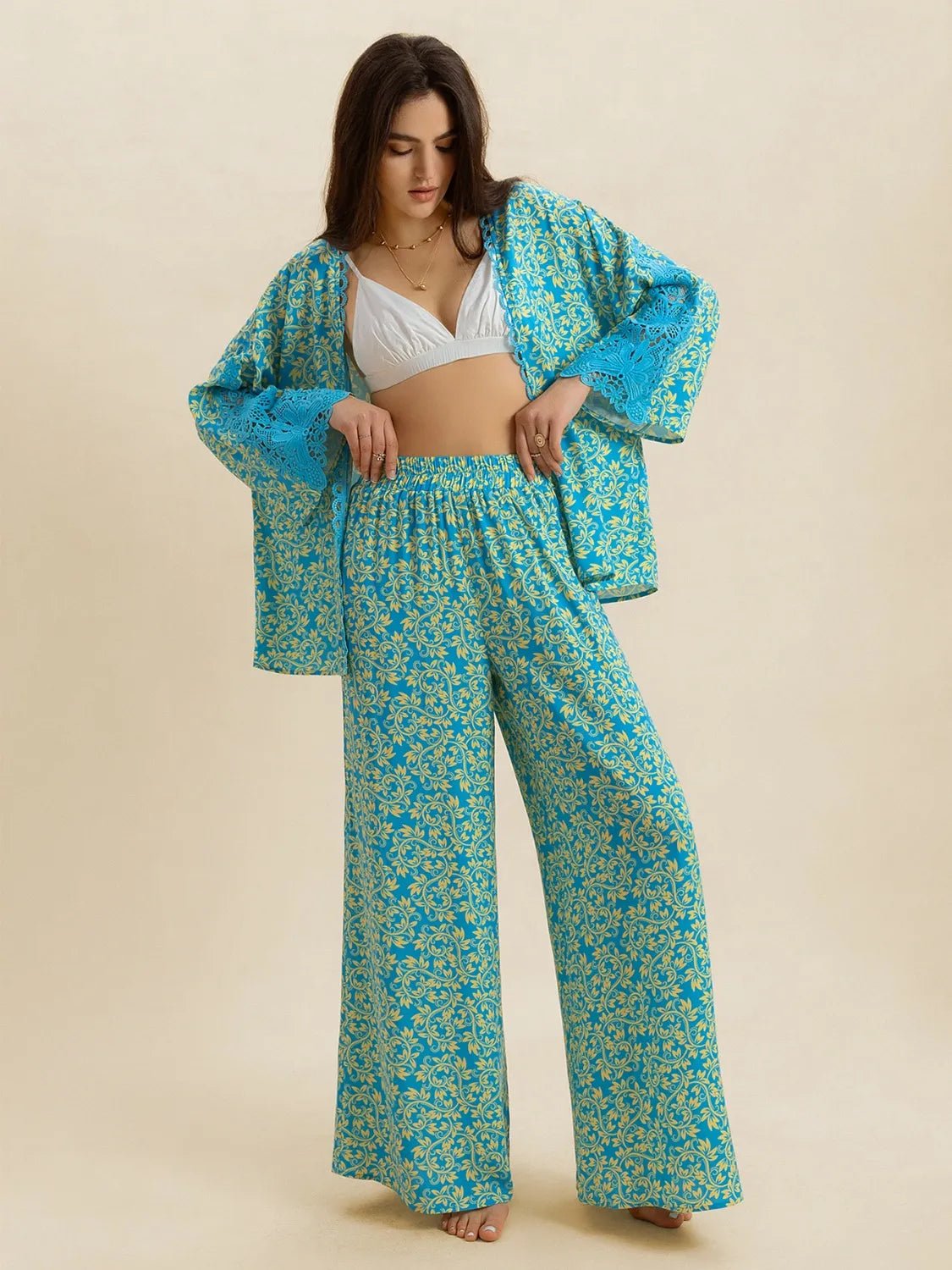 Open Front Printed Top and Pants Set - MAD RUFFI