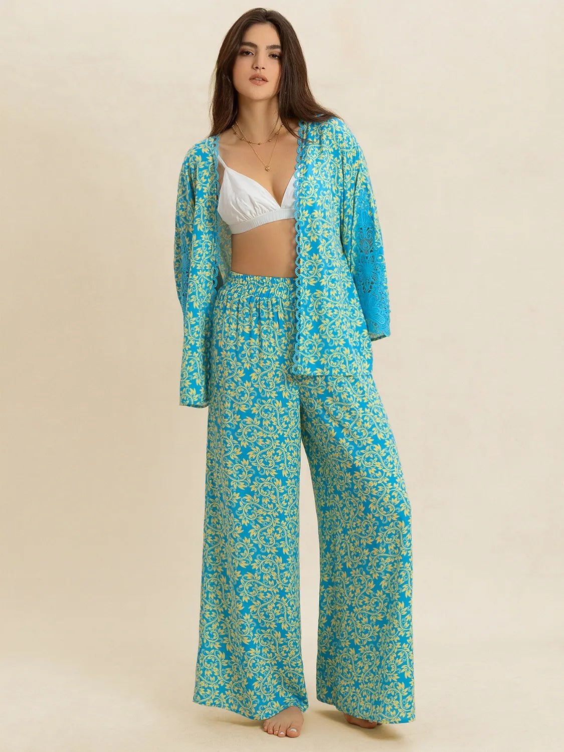 Open Front Printed Top and Pants Set - MAD RUFFI