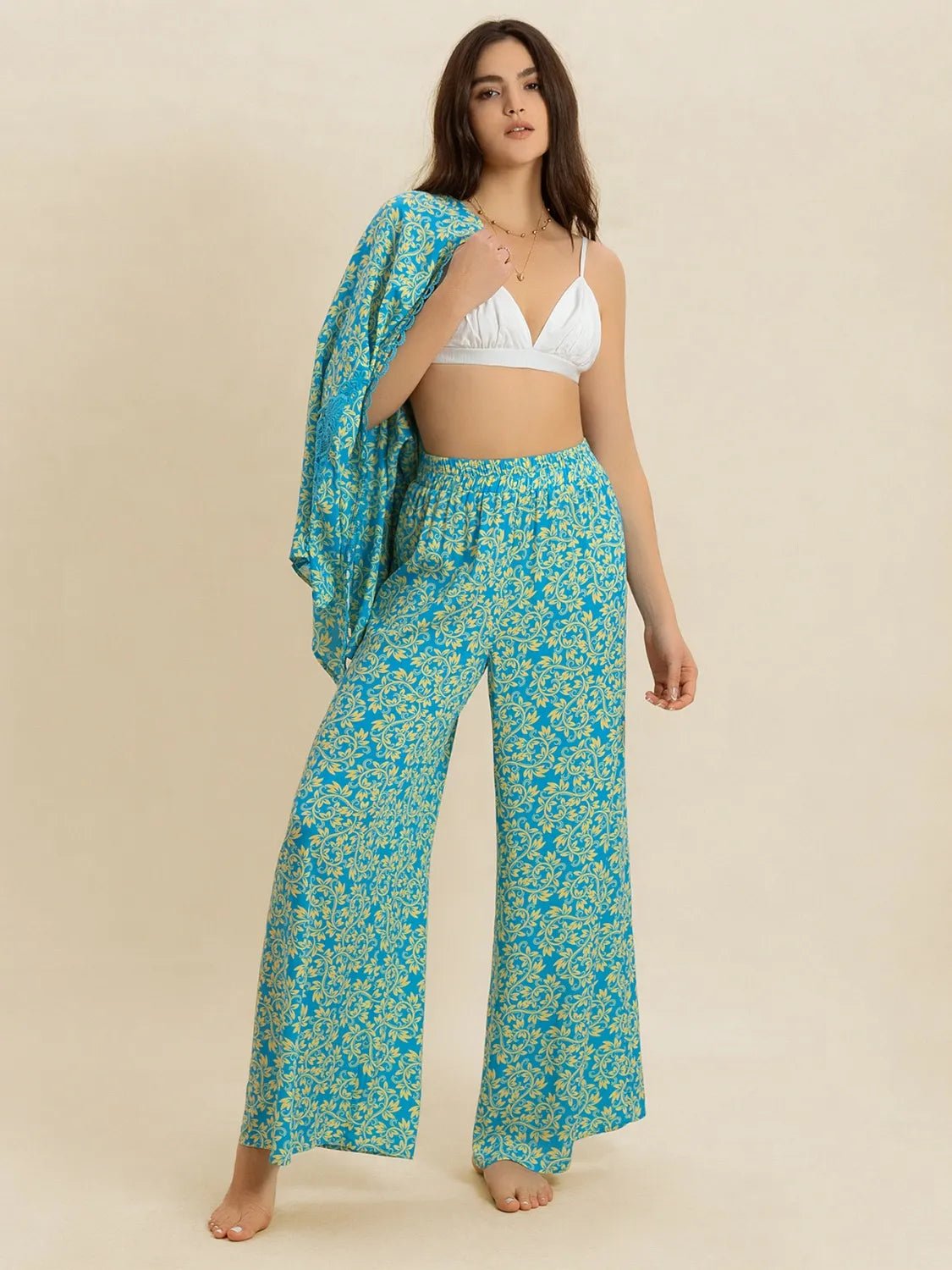 Open Front Printed Top and Pants Set - MAD RUFFI