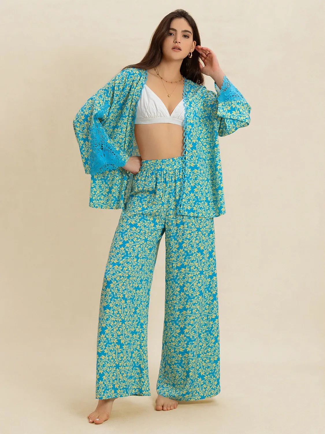 Open Front Printed Top and Pants Set - MAD RUFFI