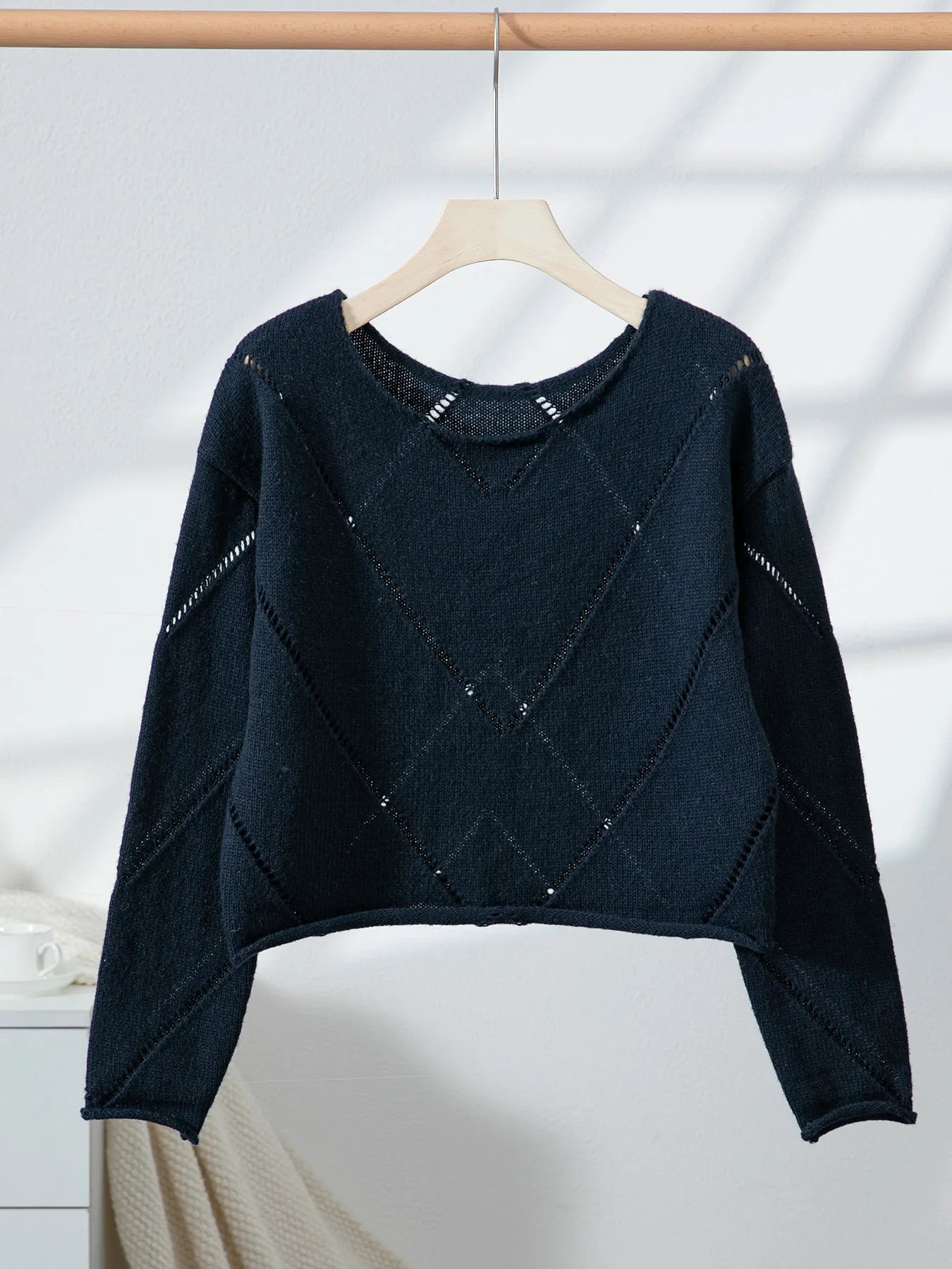 Openwork Boat Neck Long Sleeve Sweater - MAD RUFFI