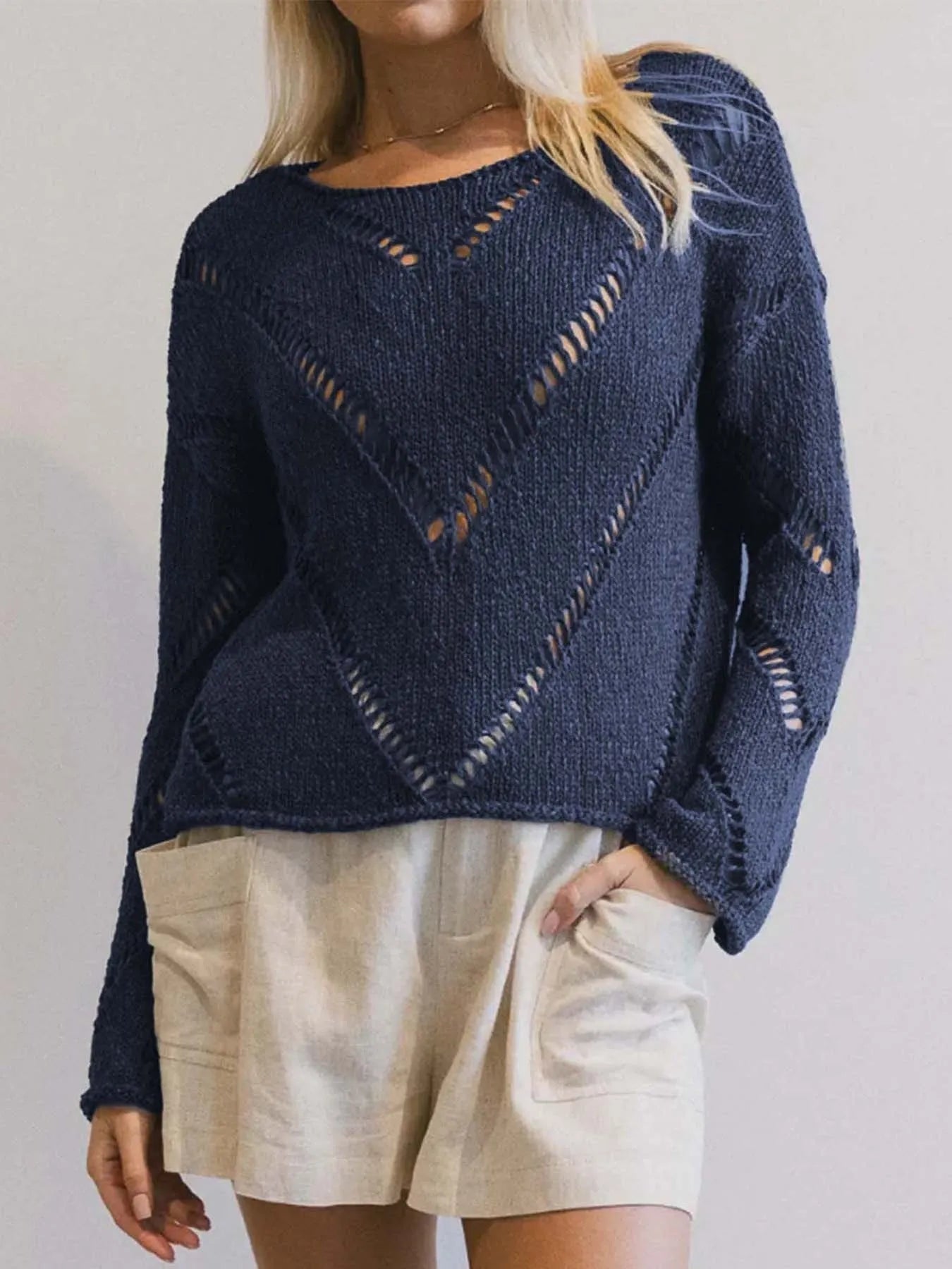 Openwork Boat Neck Long Sleeve Sweater - MAD RUFFI
