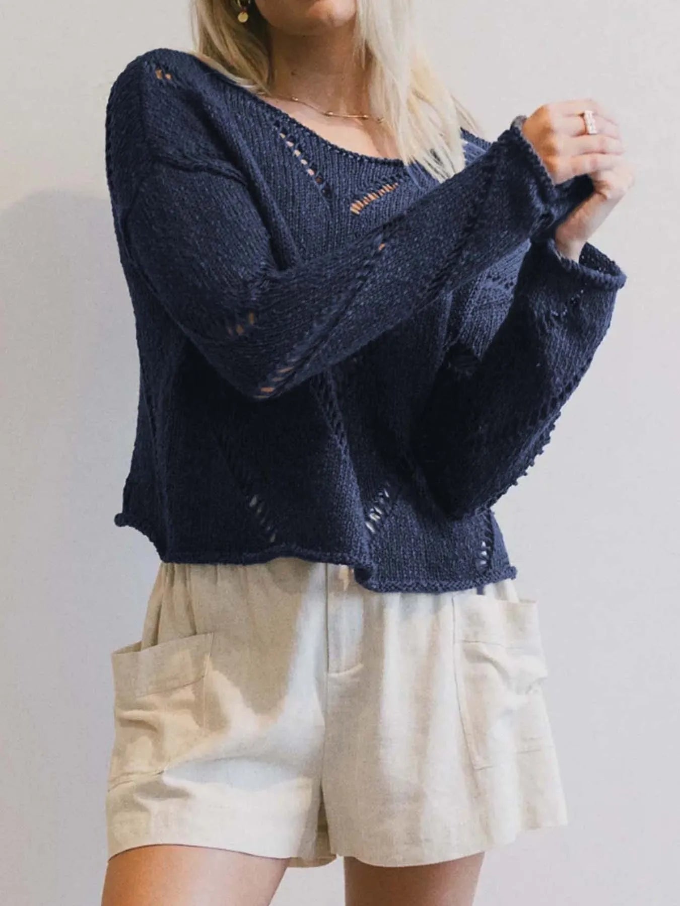 Openwork Boat Neck Long Sleeve Sweater - MAD RUFFI