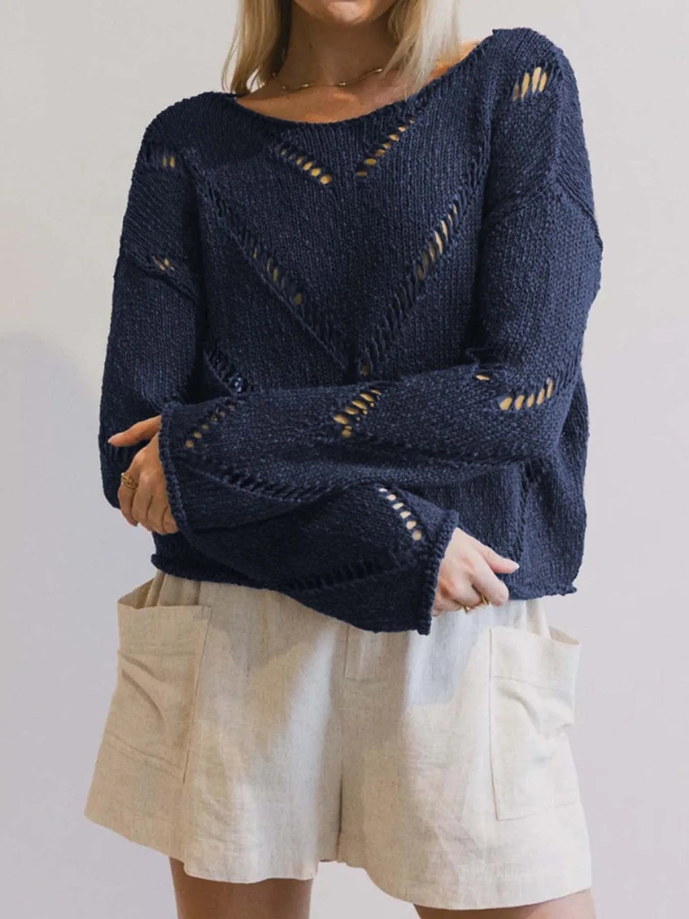 Openwork Boat Neck Long Sleeve Sweater - MAD RUFFI