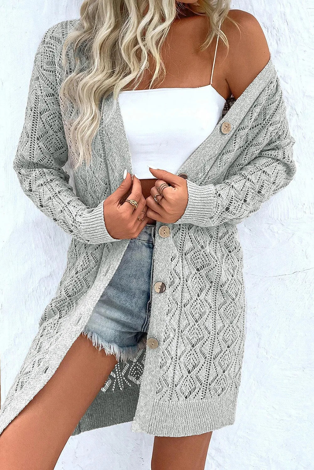 Openwork Button Down Long Sleeve Cardigan - MAD RUFFI