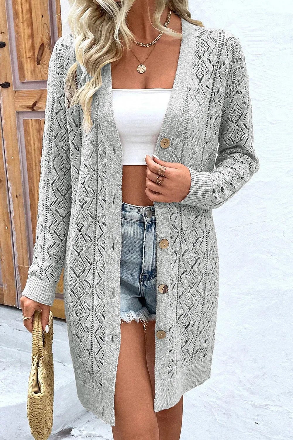 Openwork Button Down Long Sleeve Cardigan - MAD RUFFI