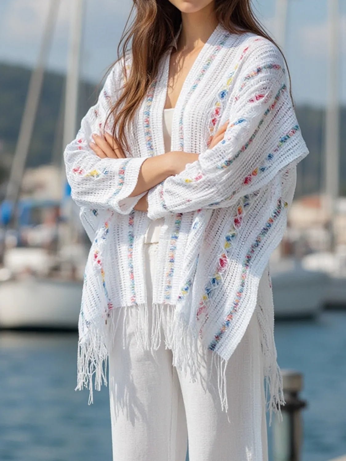 Openwork Fringe Open Front Knit Cape - MAD RUFFI