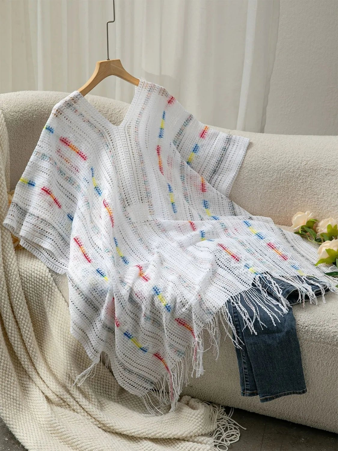 Openwork Fringe Open Front Knit Cape - MAD RUFFI