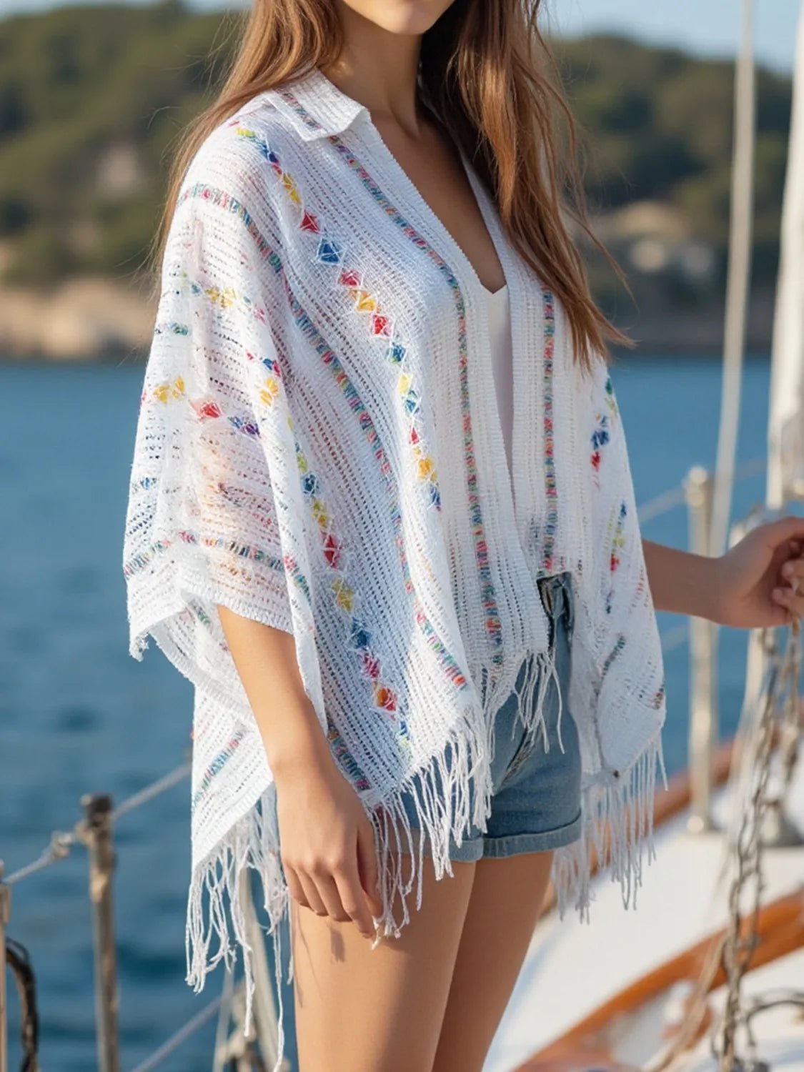 Openwork Fringe Open Front Knit Cape - MAD RUFFI