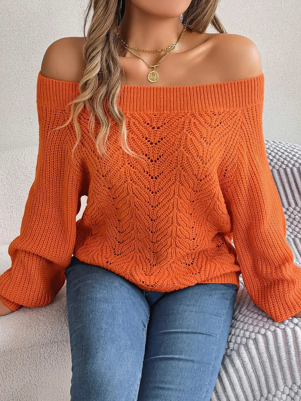Openwork Off - Shoulder Long Sleeve Sweater - MAD RUFFI
