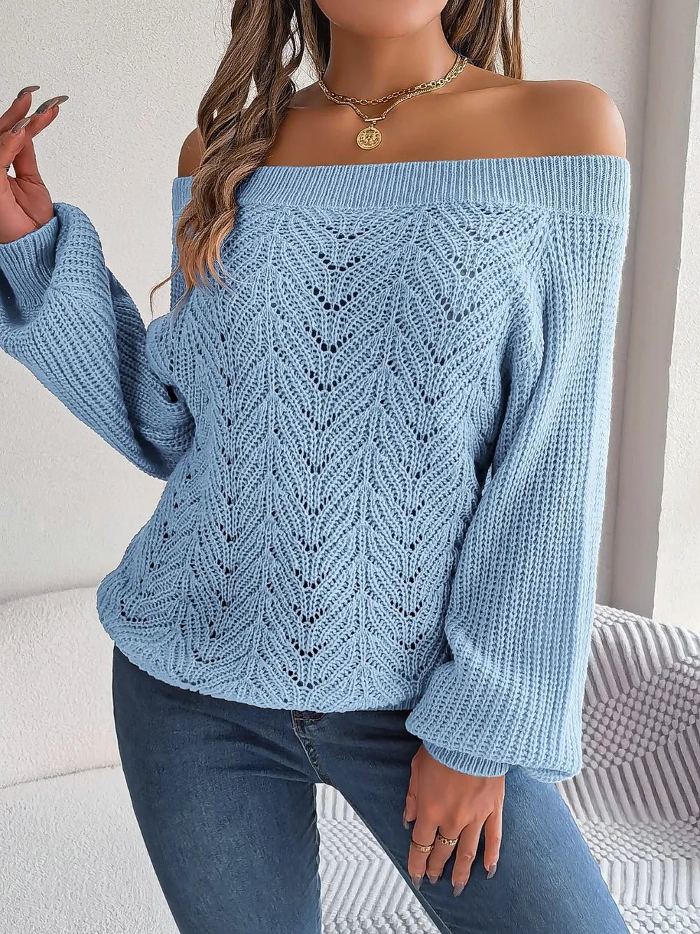 Openwork Off - Shoulder Long Sleeve Sweater - MAD RUFFI
