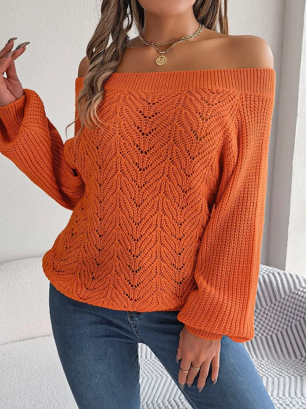 Openwork Off - Shoulder Long Sleeve Sweater - MAD RUFFI